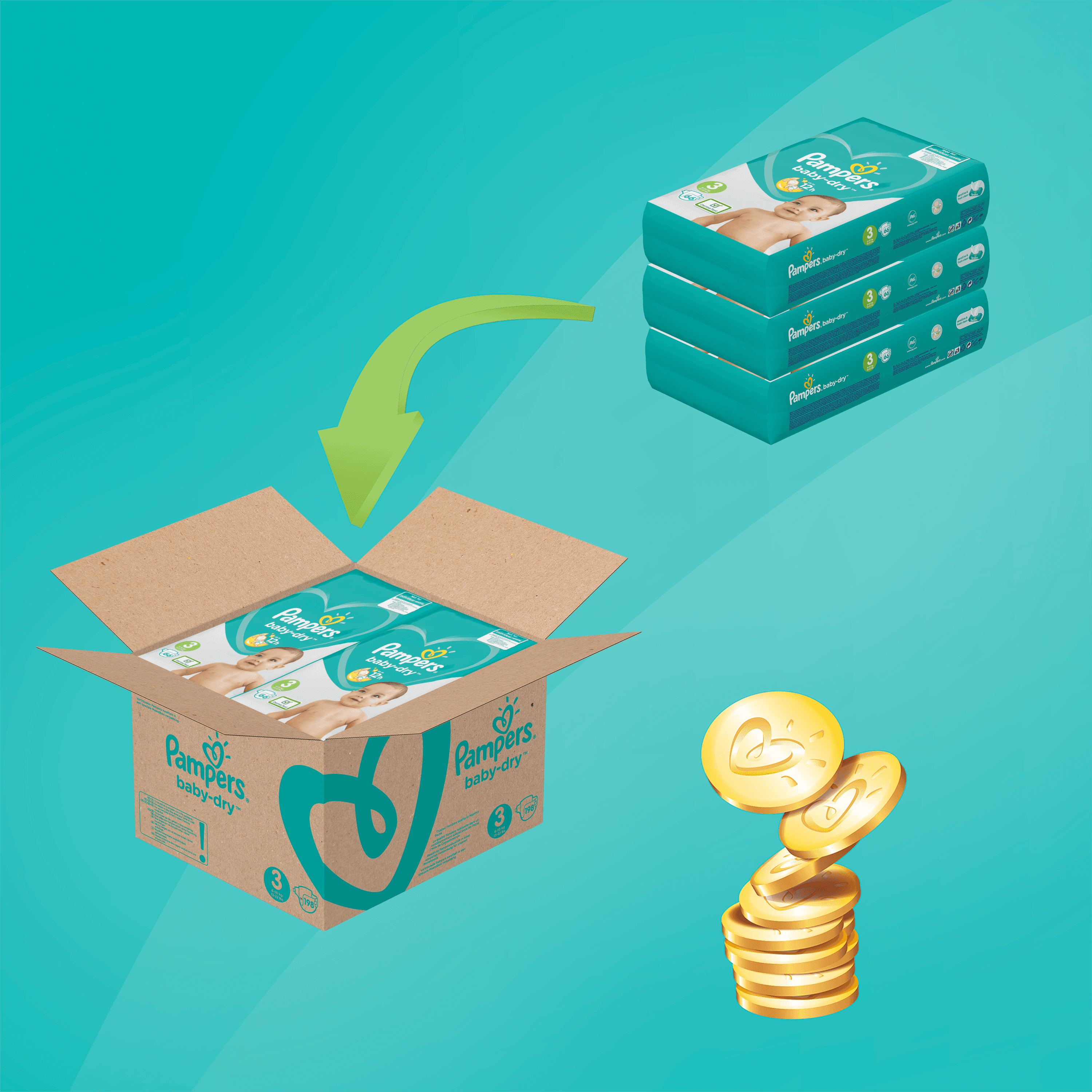 Box und Packungen Pampers mit von oben fallenden Münzen.