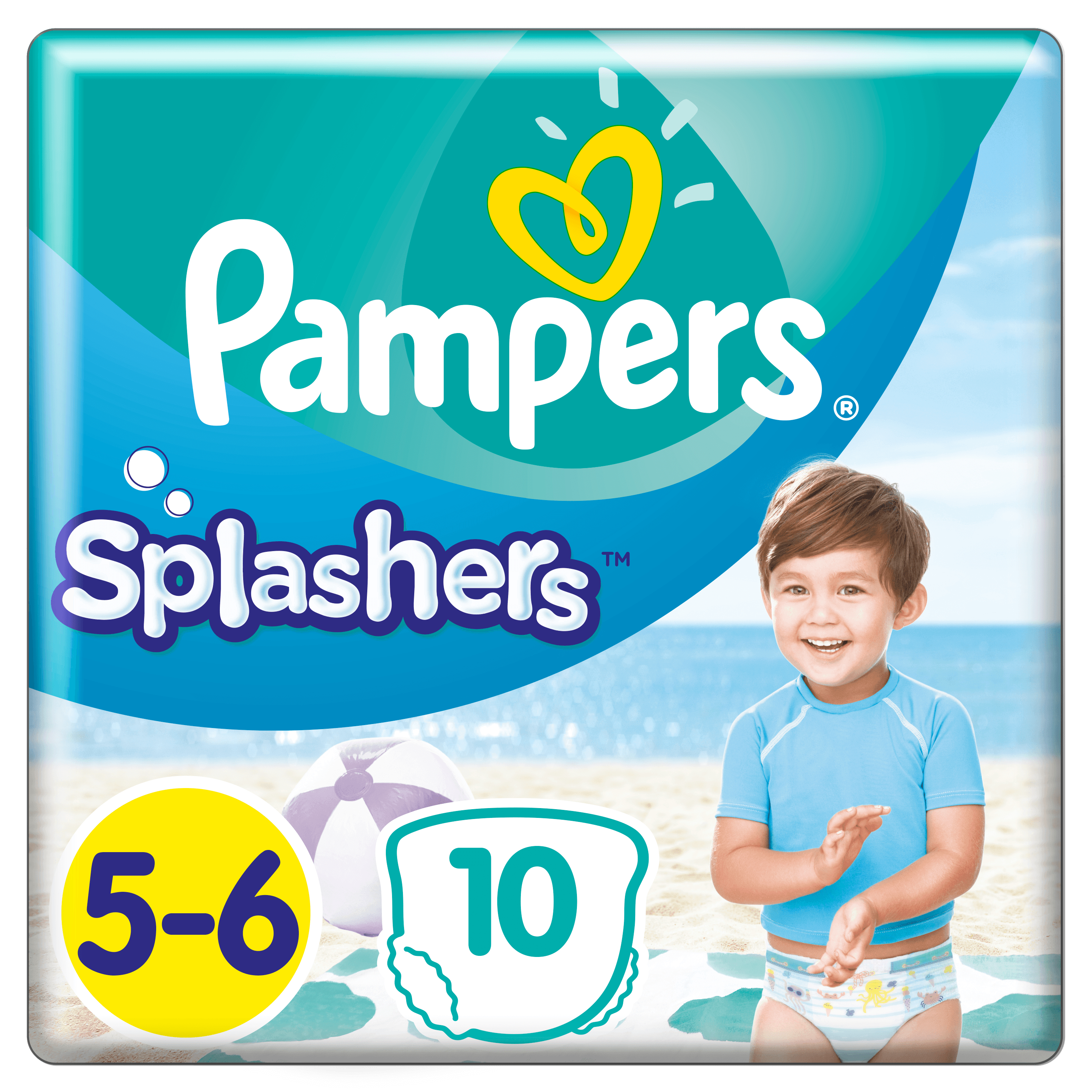 Eine Pampers Splasher's Packung. Ein Baby ist rechts, ein Strandball links. Die Nummer 10.