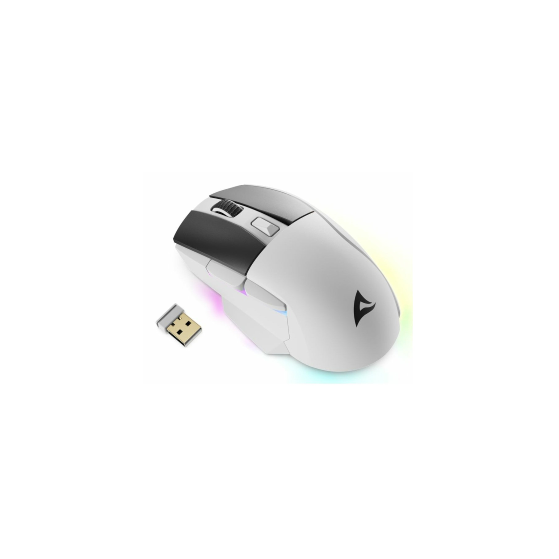 Witte en grijze draadloze muis met een USB-ontvanger, beide op een wit oppervlak. De muis heeft RGB-verlichting.