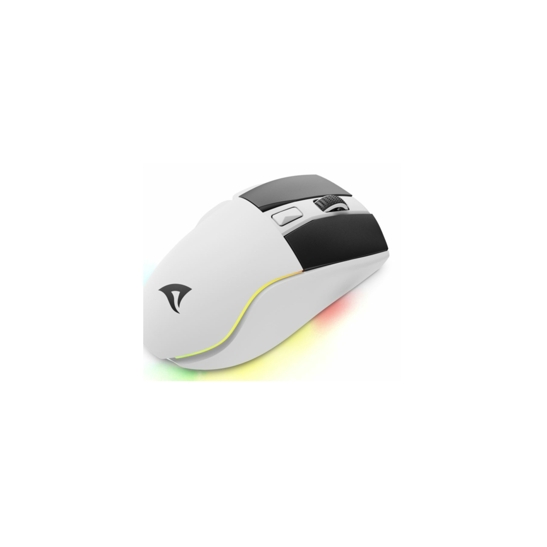 Witte muis met zwarte accenten en RGB-verlichting.