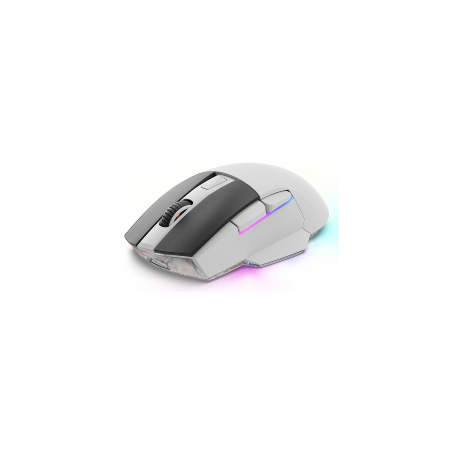 Witte muis met zwarte accenten en RGB-verlichting.