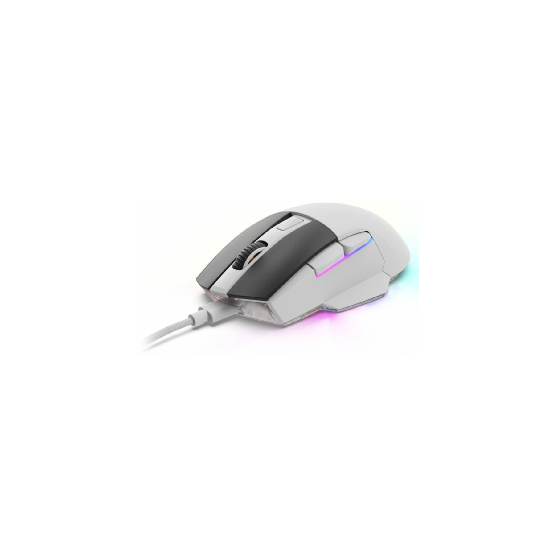 Witte en zwarte gamingmuis met RGB-verlichting, geïsoleerd op witte achtergrond.