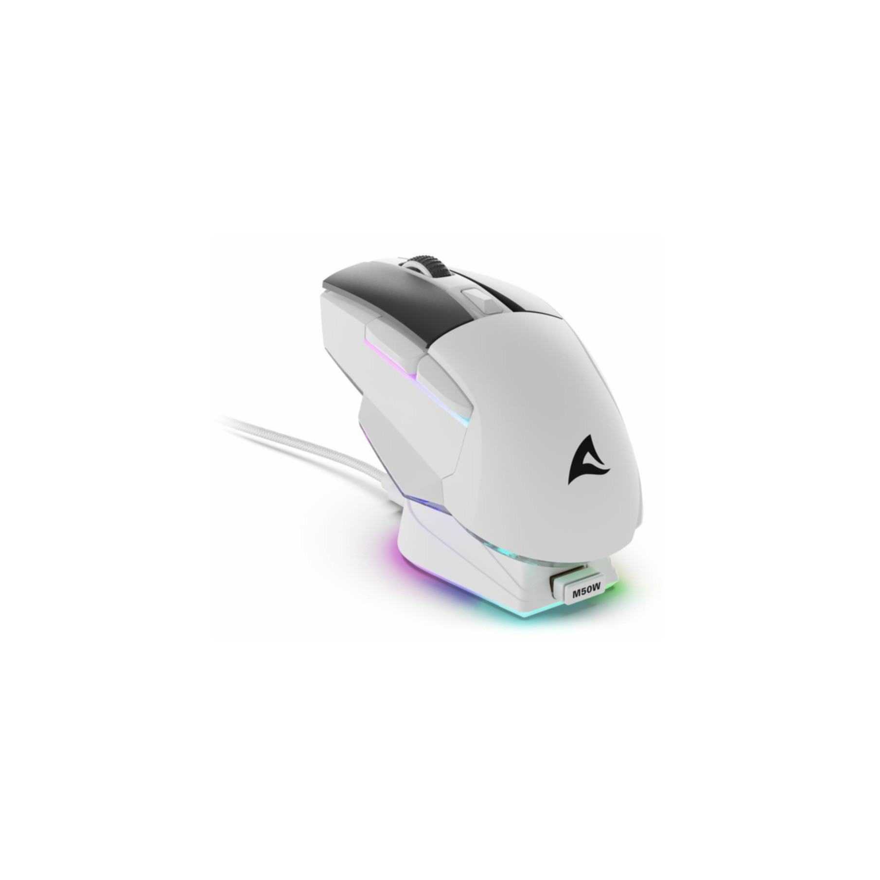 Witte muis op oplaadbasis met RGB-verlichting.