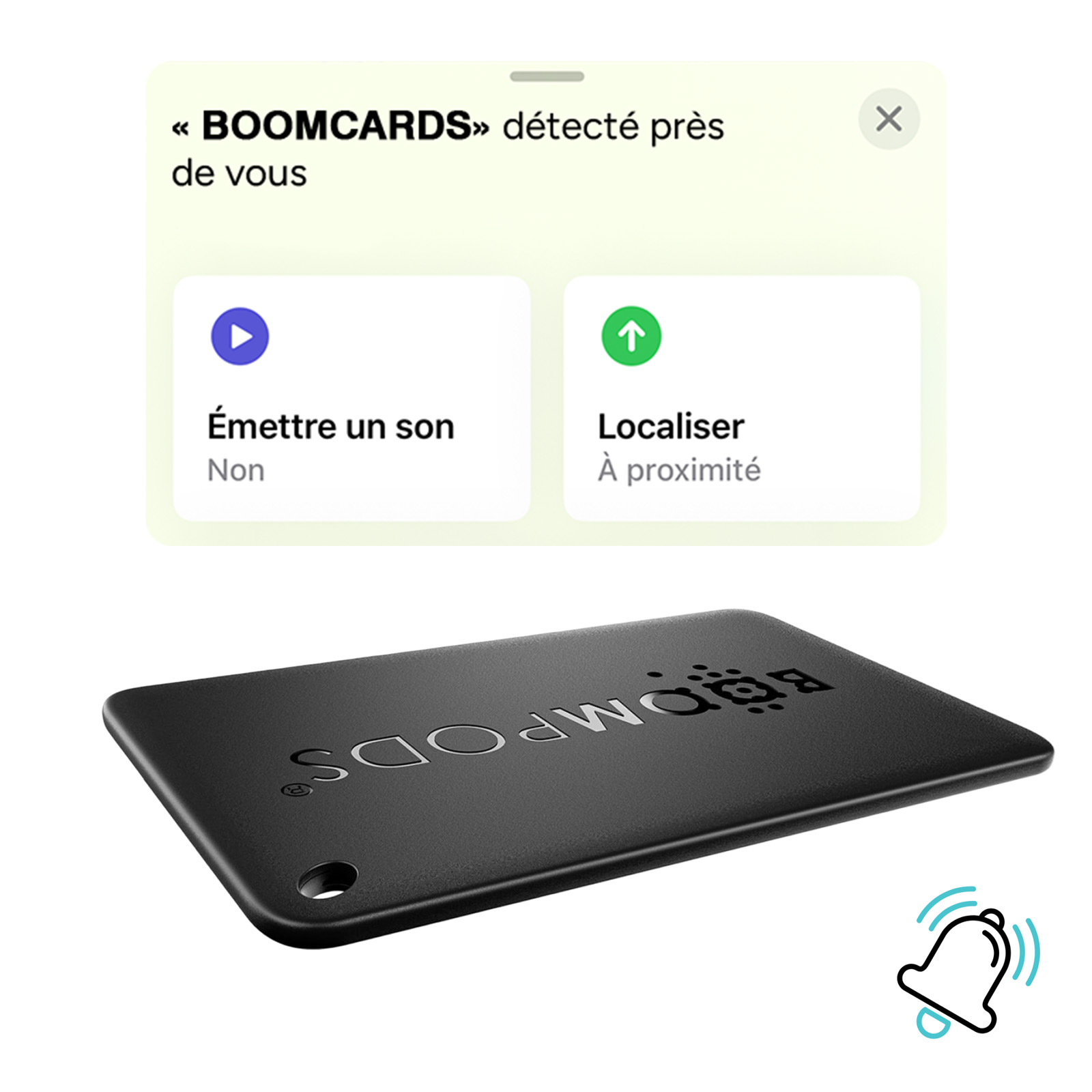 Tracker BoomPods nero con notifica sullo schermo. Lo schermo mostra opzioni per emettere un suono o localizzarlo.