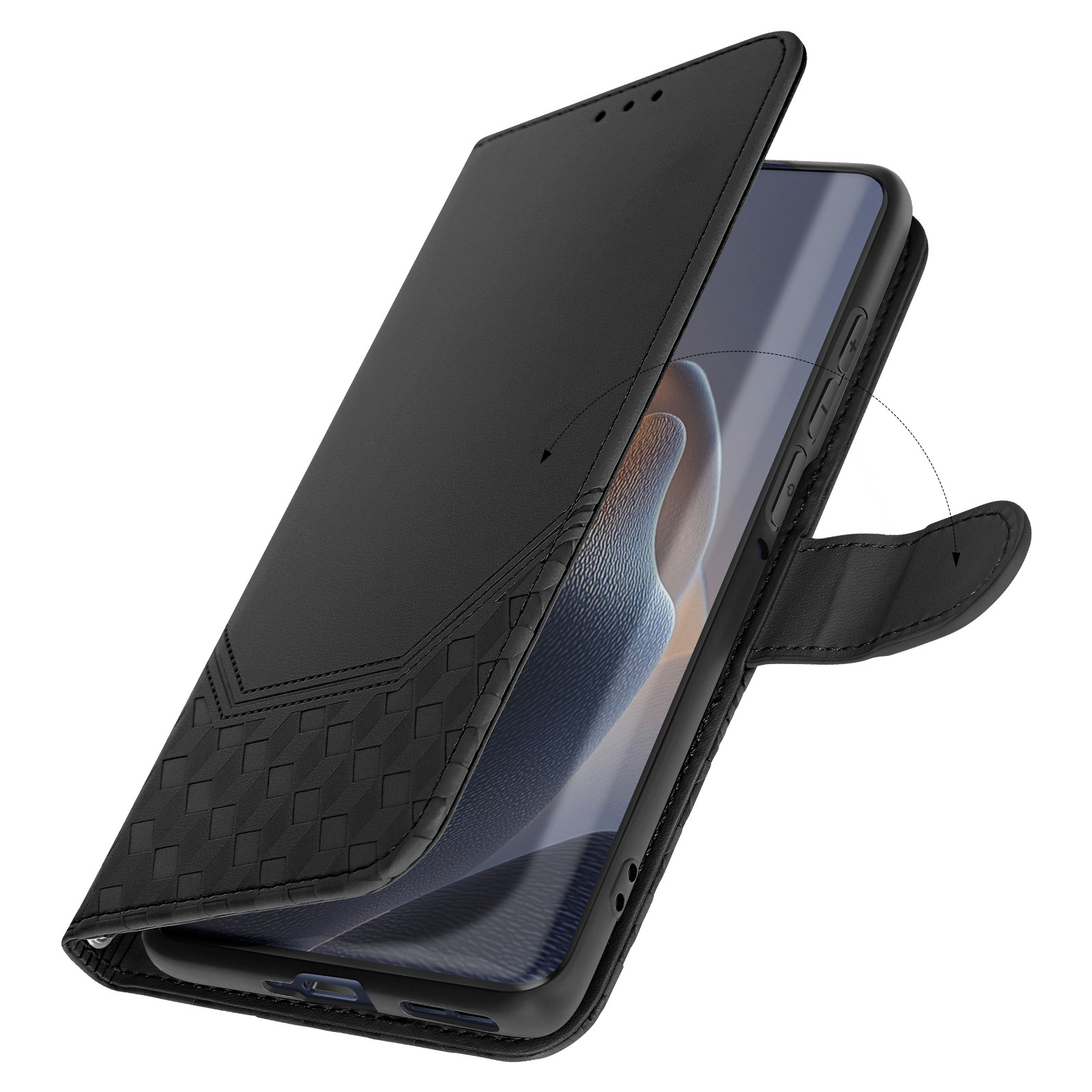 Custodia nera aperta, mostra il telefono. Copertura anteriore strutturata, cornice nera e chiusura magnetica.