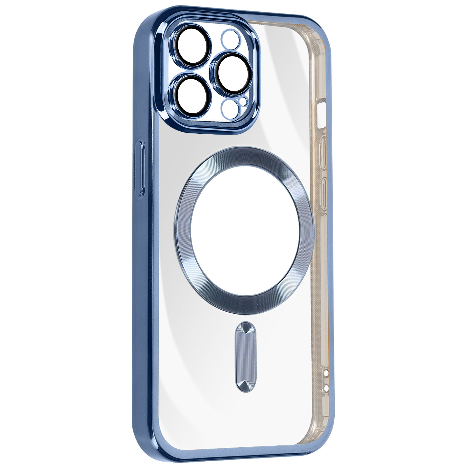 Custodia trasparente con bordi blu. Presenta ritagli per fotocamera e anello MagSafe.