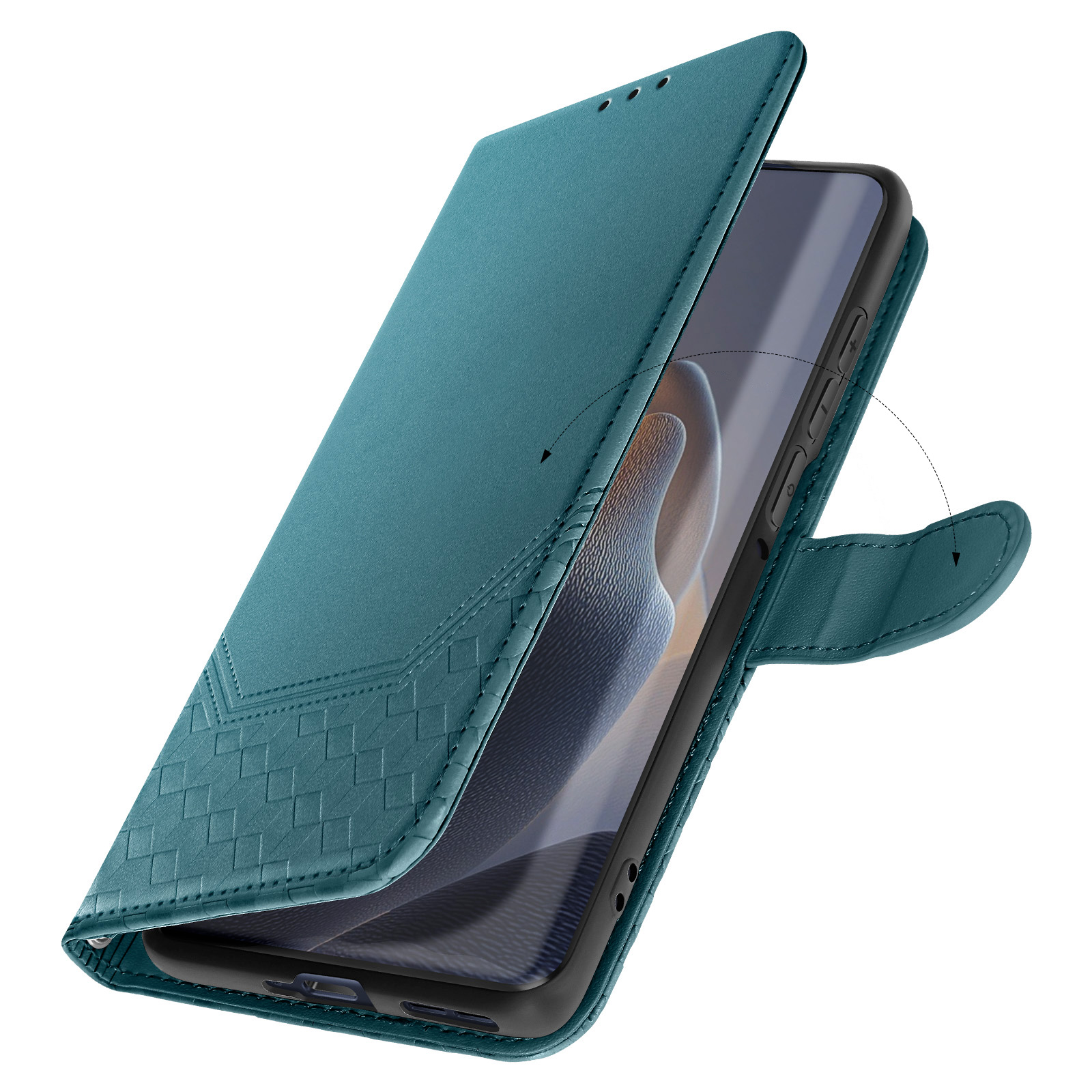 Türkisfarbene Handyhülle geöffnet, Telefon zeigend. Strukturierte Front, schwarzer Rahmen und Magnetverschluss.