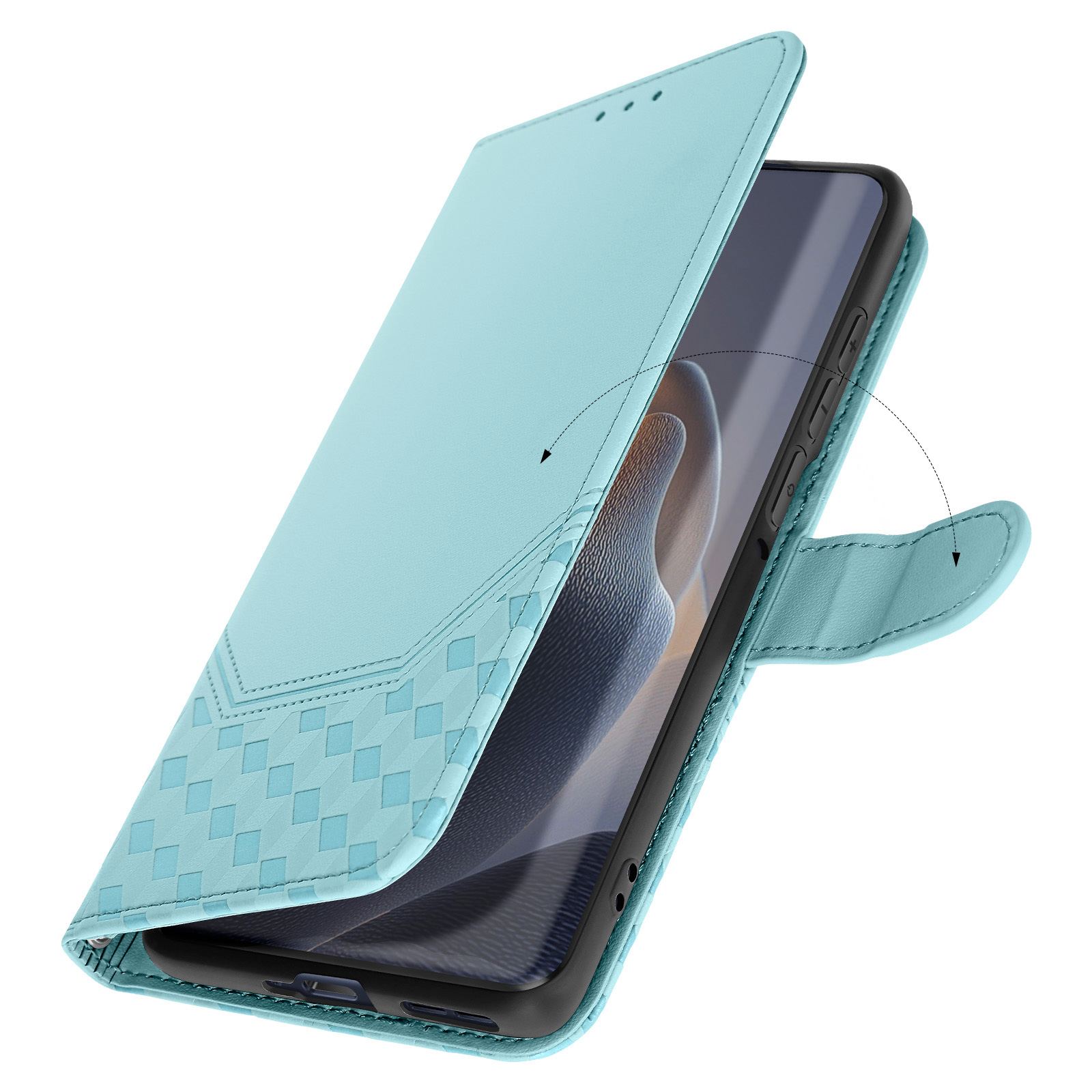 Custodia blu chiaro aperta, mostra il telefono. Copertura anteriore strutturata, cornice nera e chiusura magnetica.