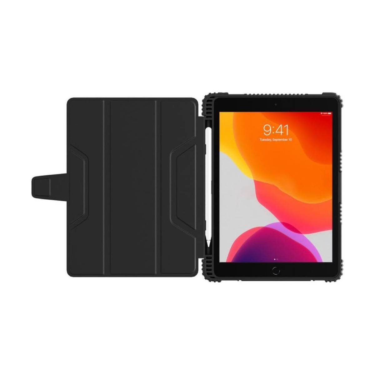 Schwarze iPad-Hülle, geöffnet mit iPad. Robuste, schützende Hülle mit Stifthalter.