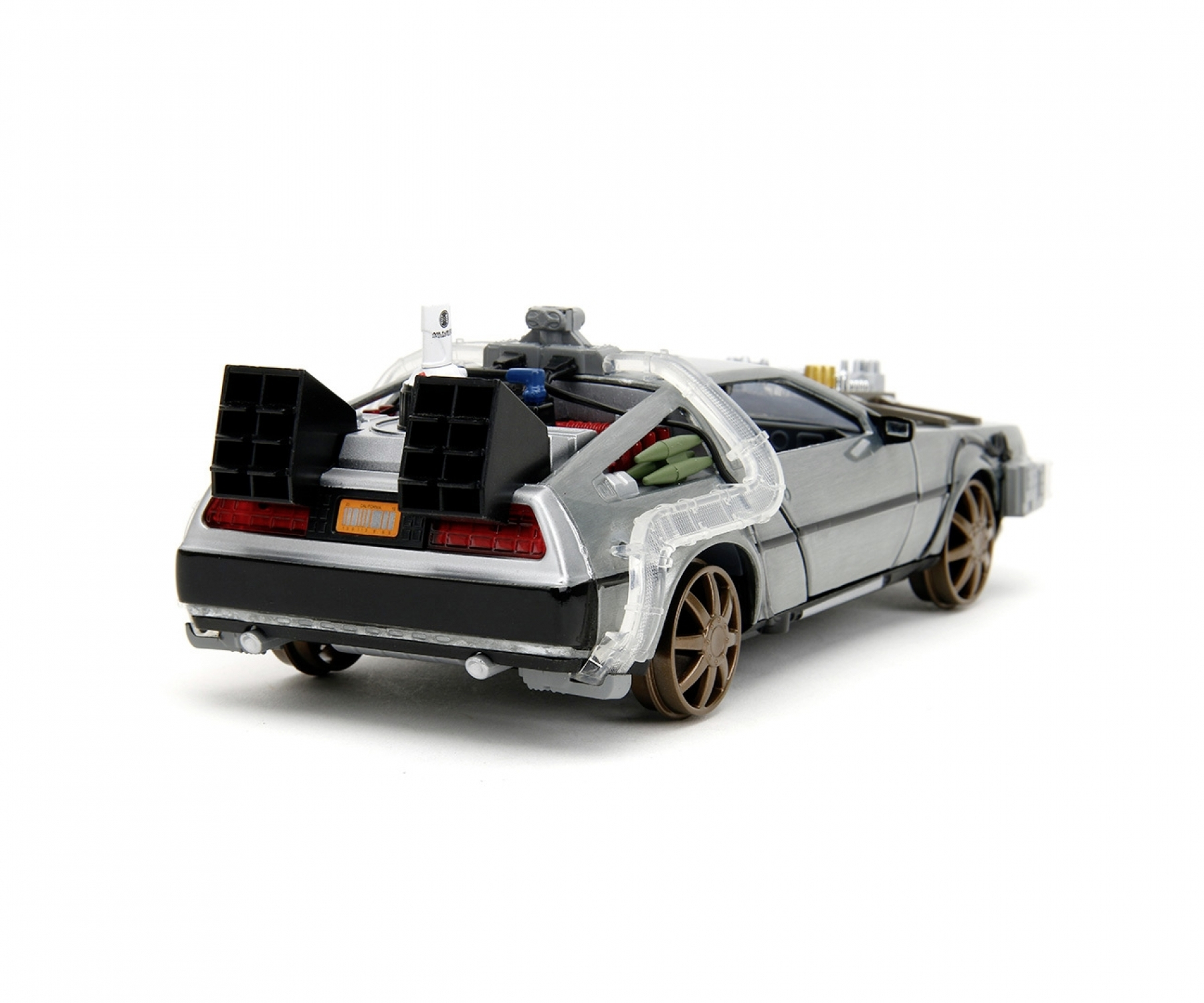 Srebrny zabawkowy samochód DeLorean, widok z tyłu, ze szczegółami świateł i części silnika.