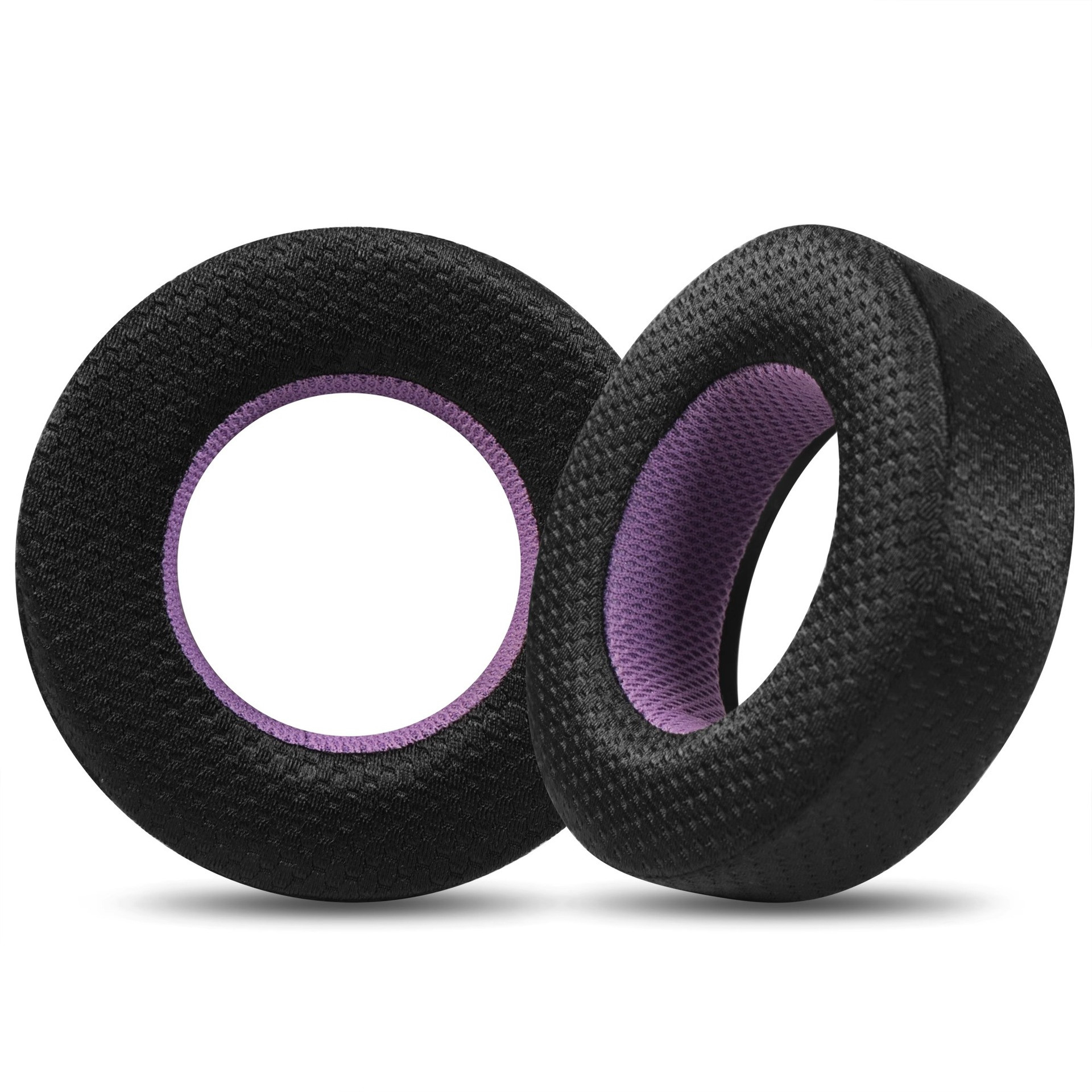 Due cuscinetti auricolari neri con rete viola. La rete è visibile all'interno dei cuscinetti. Lo sfondo è bianco.