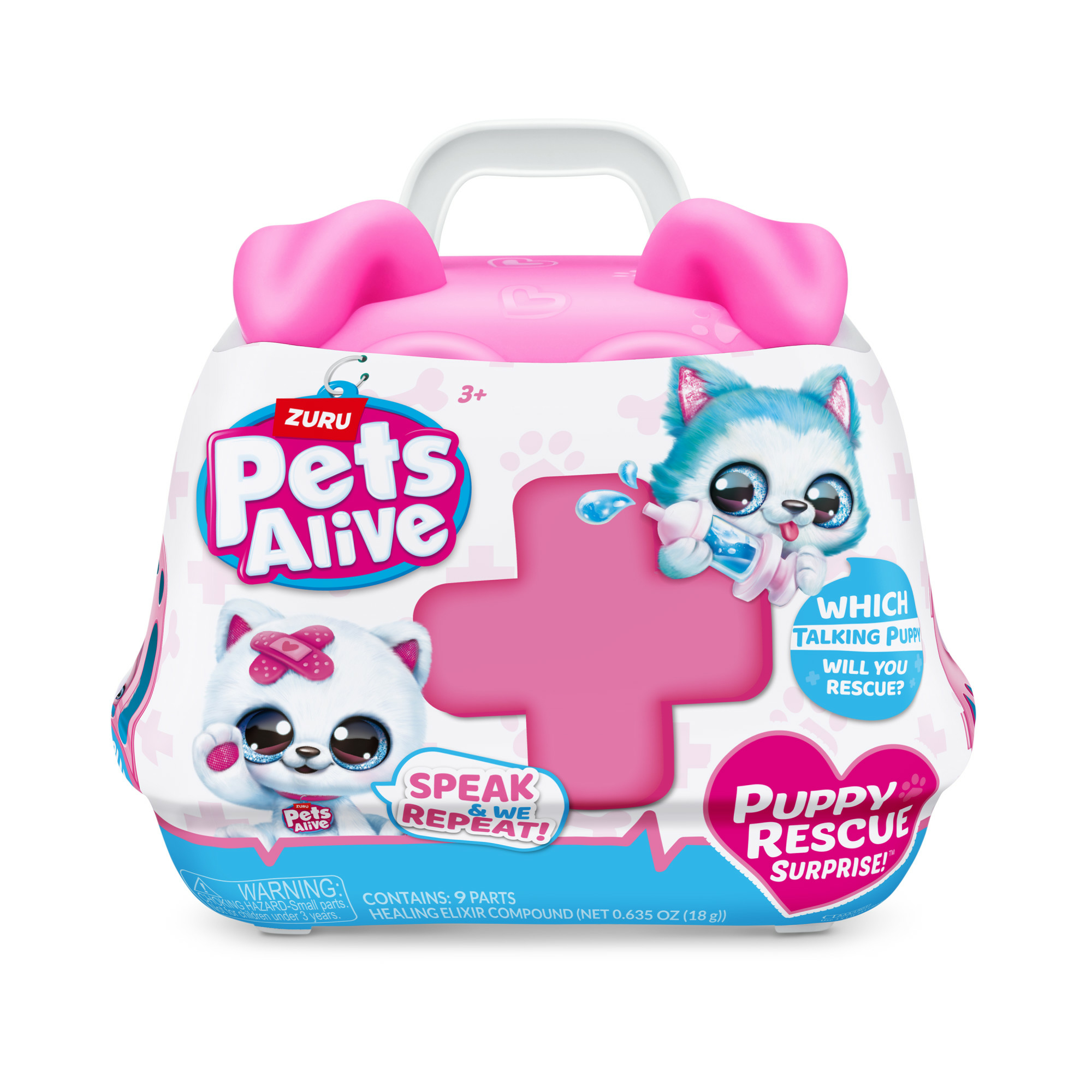 Una confezione a forma di kit medico giocattolo rosa e bianco con un giocattolo a forma di cucciolo all'interno.