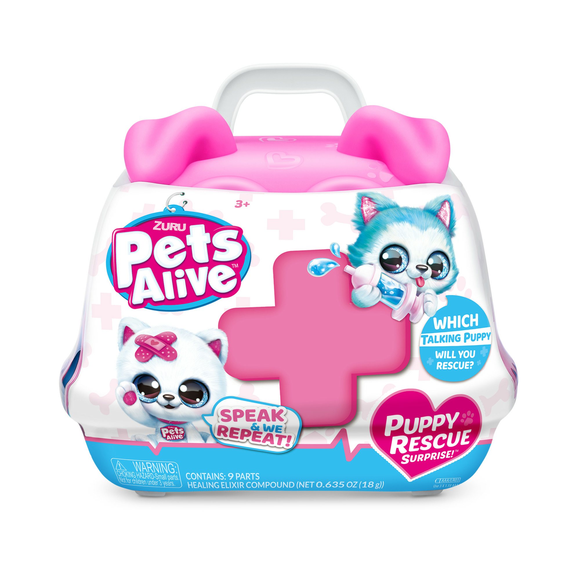 Una confezione a forma di kit medico giocattolo rosa e bianco con un giocattolo a forma di cucciolo all'interno.
