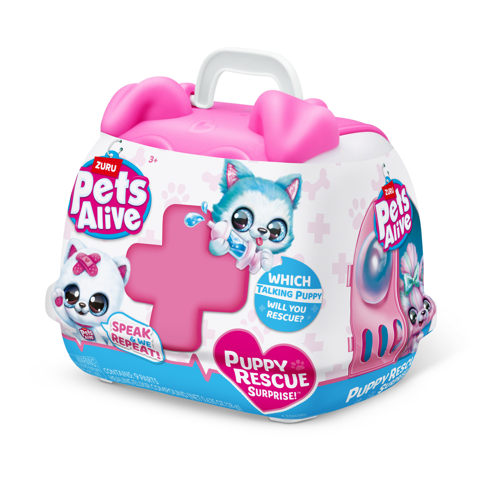Una scatola di giocattoli rosa con un cucciolo, una croce e la scritta 'Puppy Rescue Surprise!'.