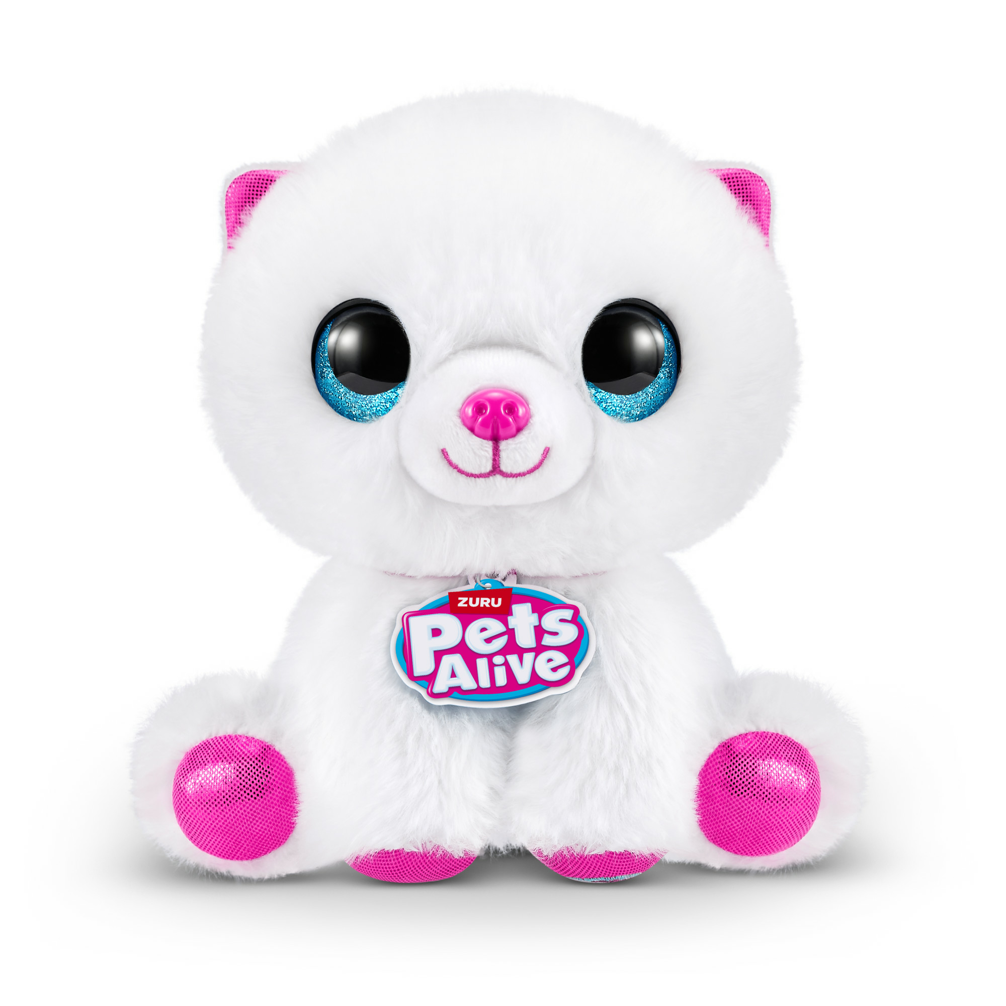 Gatto di peluche bianco con orecchie, zampe, naso rosa e targhetta Pets Alive. Ha grandi occhi blu con glitter.