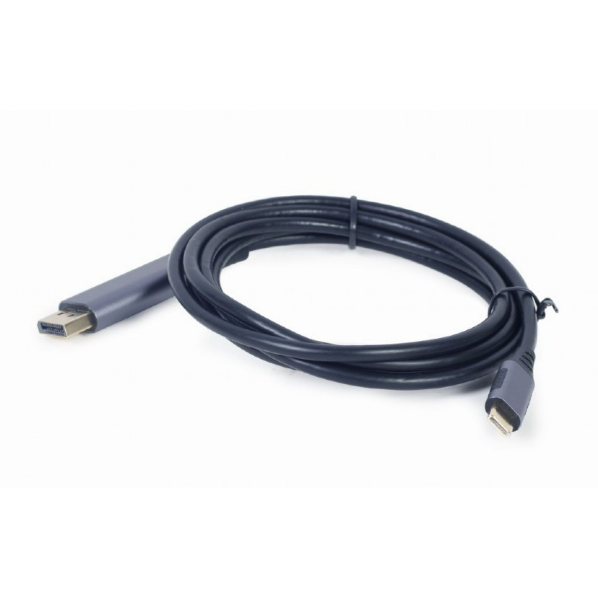 Czarny kabel USB-C ze złączem USB-C i DisplayPort.