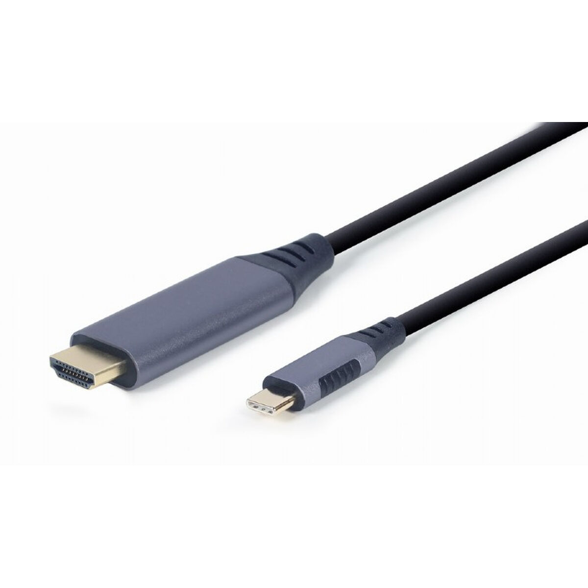 Kabel HDMI do USB-C. Czarny kabel z szarymi złączami na białym tle.