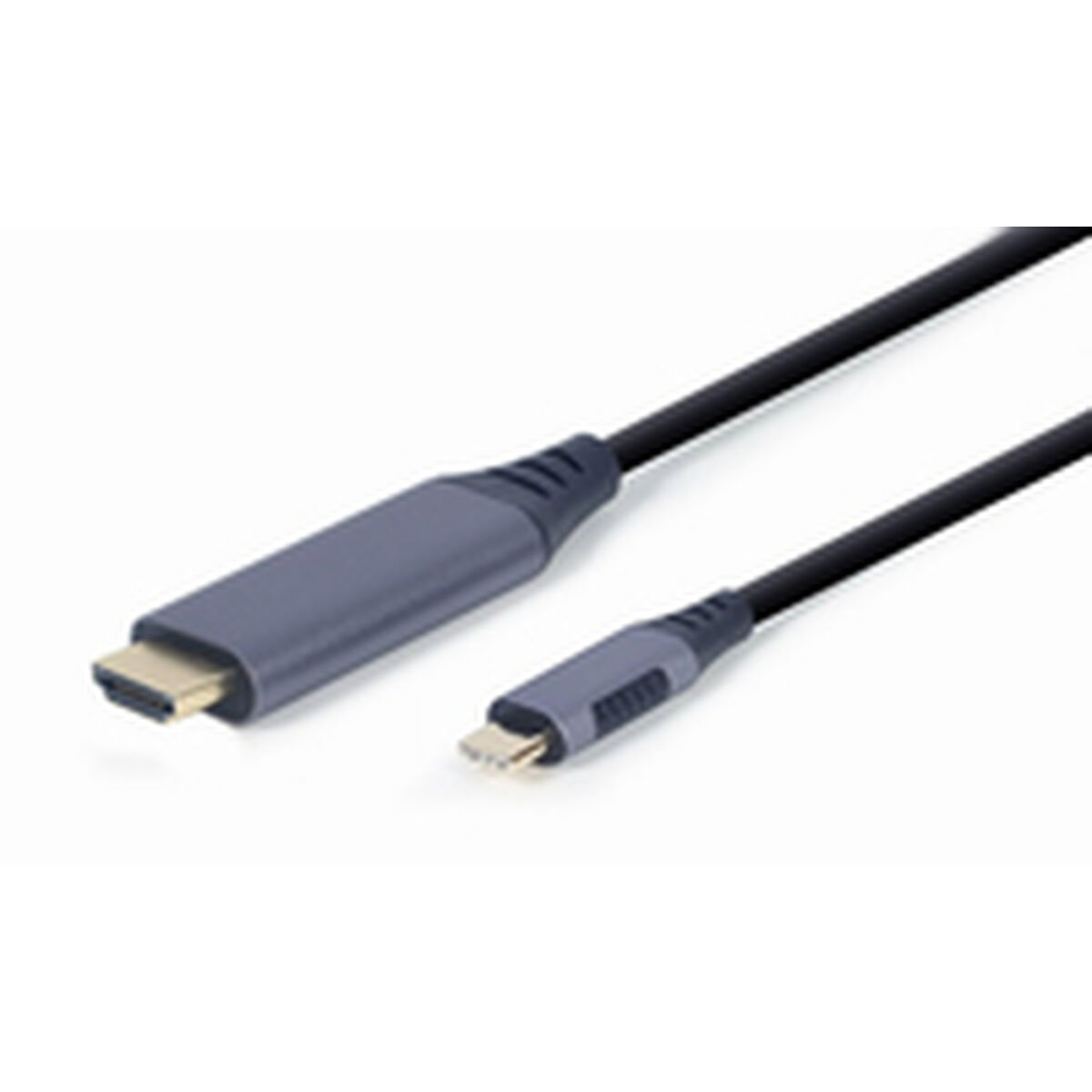 Kabel HDMI do USB-C. Czarny kabel z szarymi złączami na białym tle.