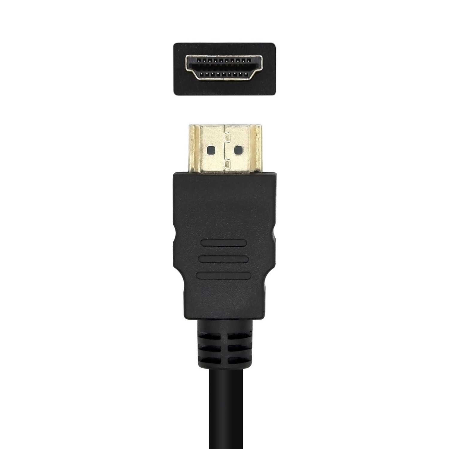 Cavo e connettore HDMI. Nero con pin del connettore dorati. Sfondo bianco.