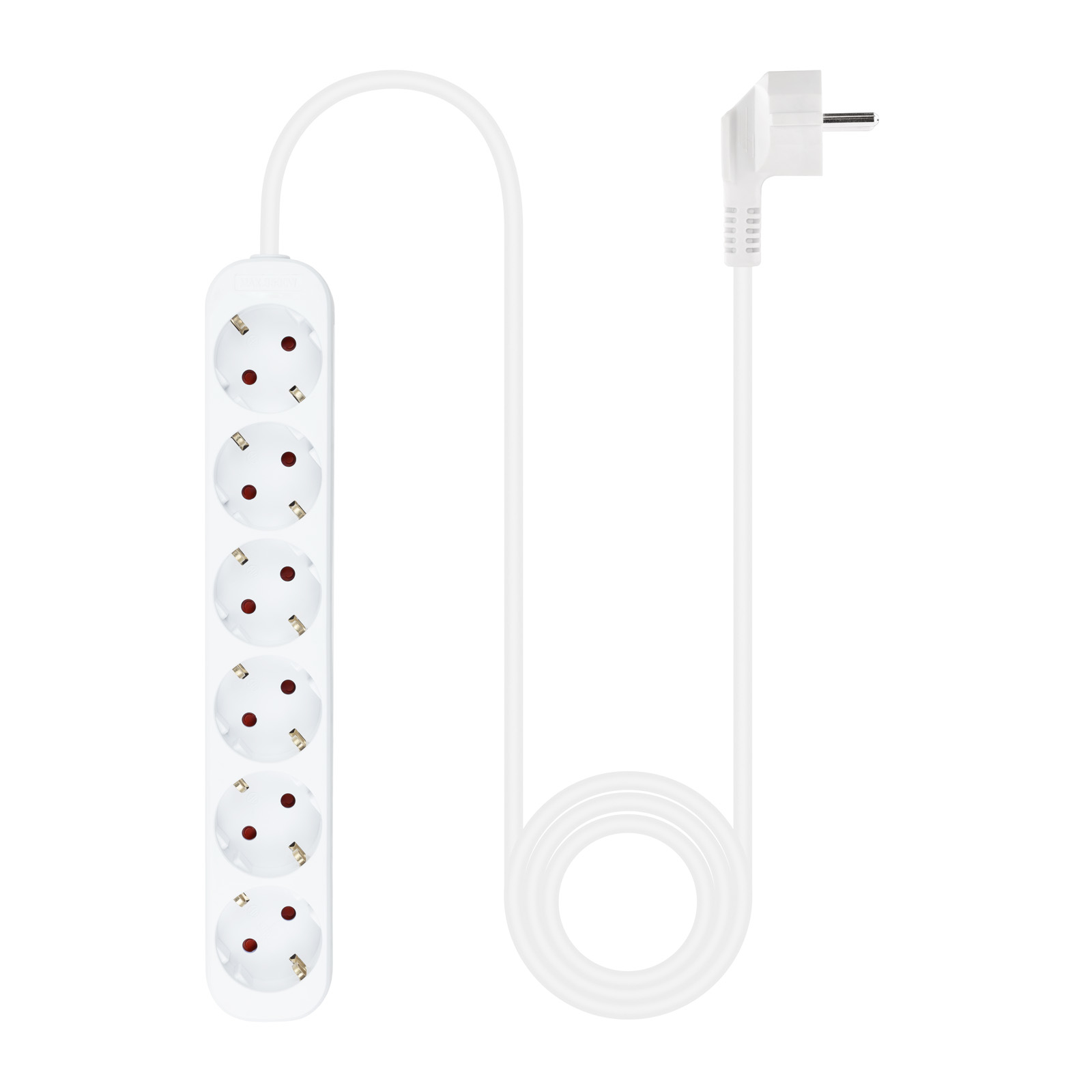 Witte stekkerdoos met 6 stopcontacten en een witte kabel. Witte achtergrond.