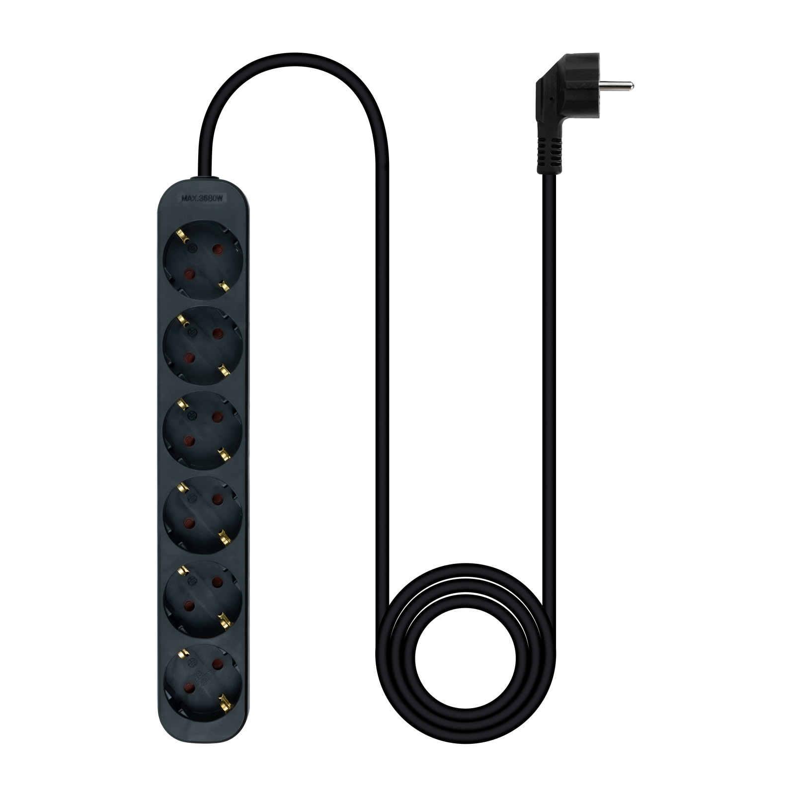 Zwarte stekkerdoos met zes stopcontacten en een zwarte kabel met stekker.