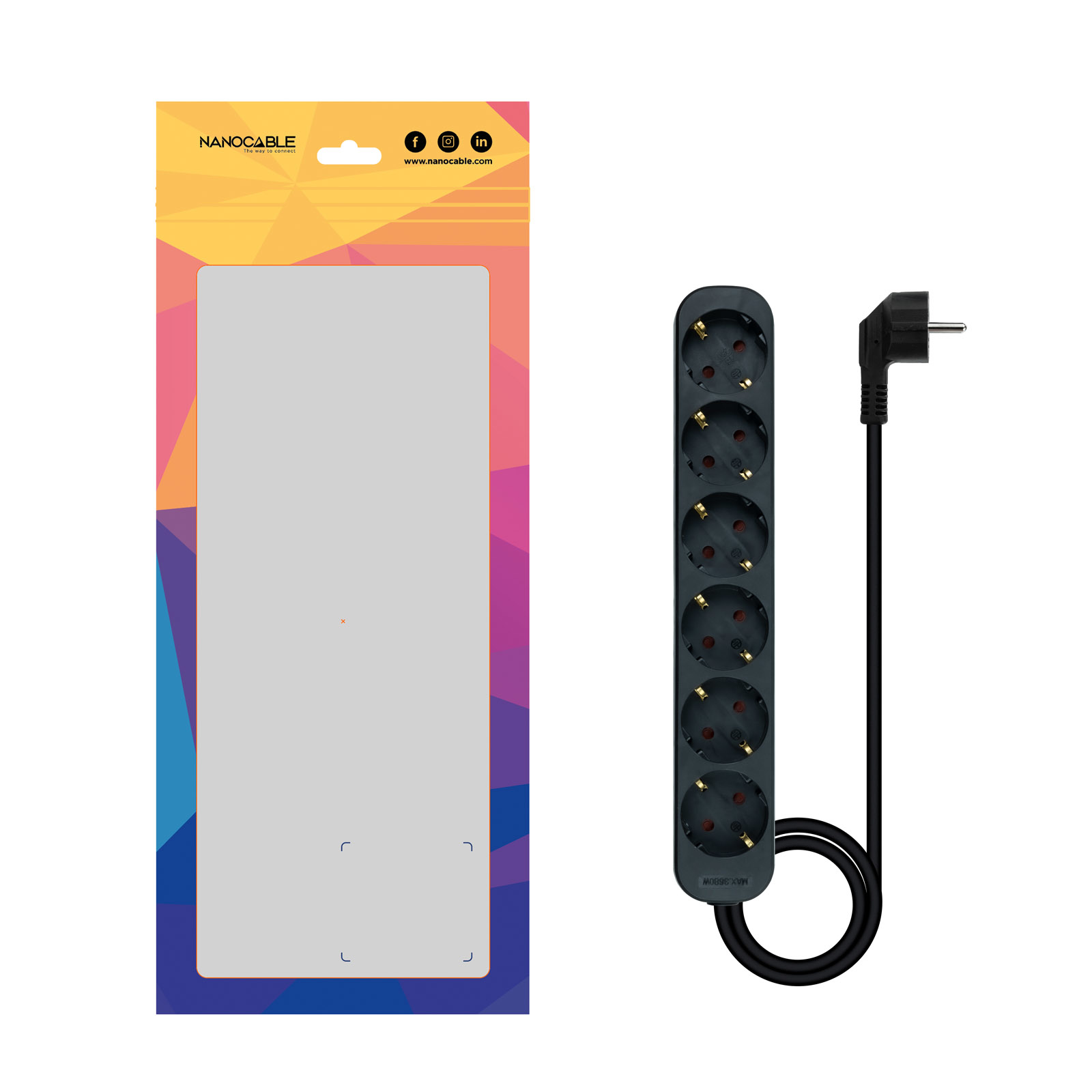 Verpakking van de stekkerdoos met zwarte stekkerdoos en kabel. Witte achtergrond.