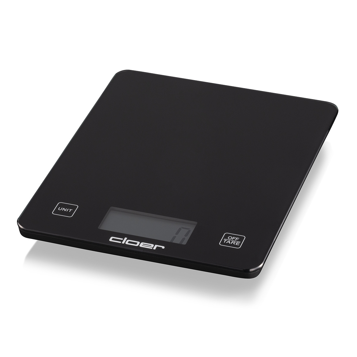 Eine schwarze digitale Küchenwaage mit Ein- und Ausschalt- sowie Tara-Tasten.