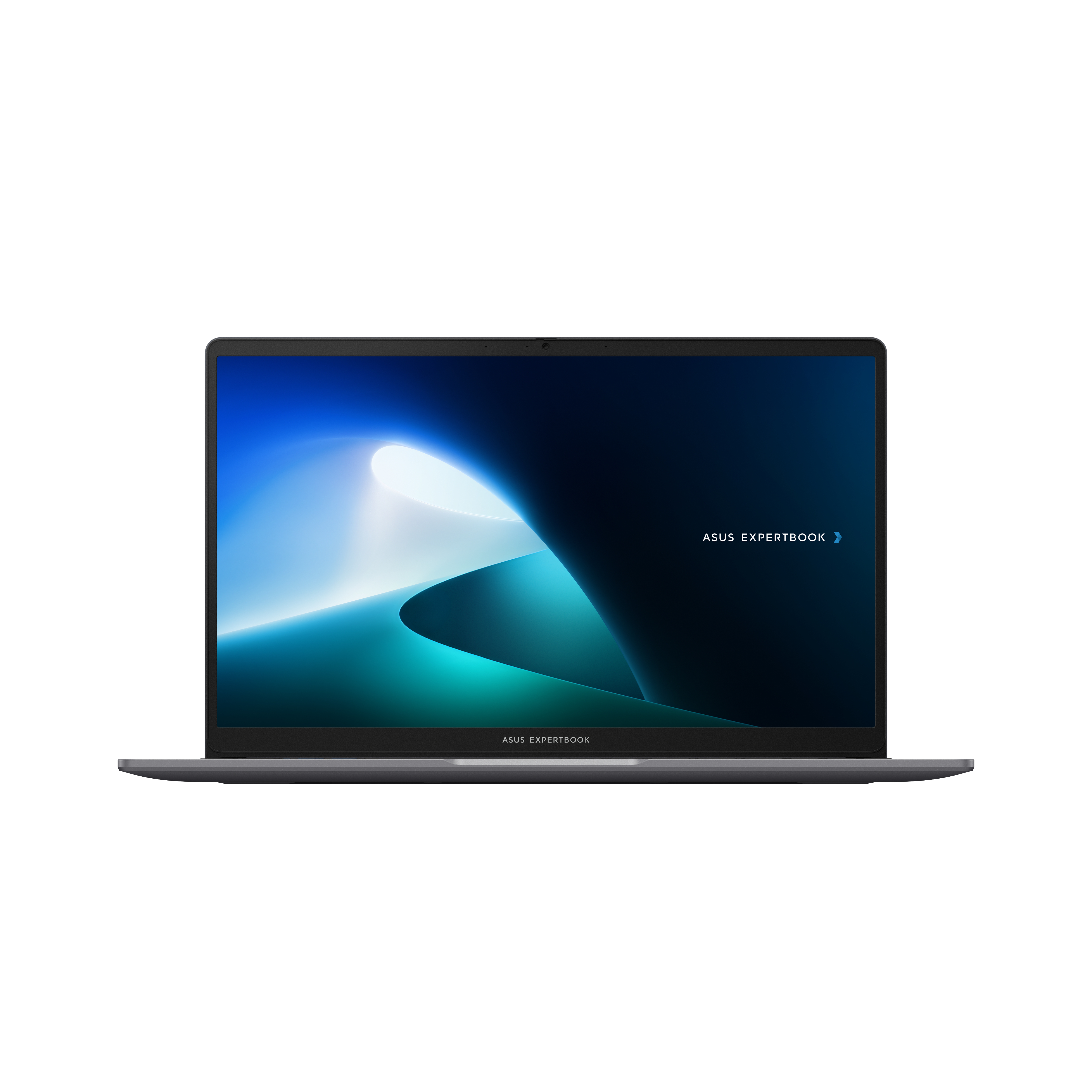 Un laptop con schermo blu e bianco su una superficie bianca. Il marchio è visibile.