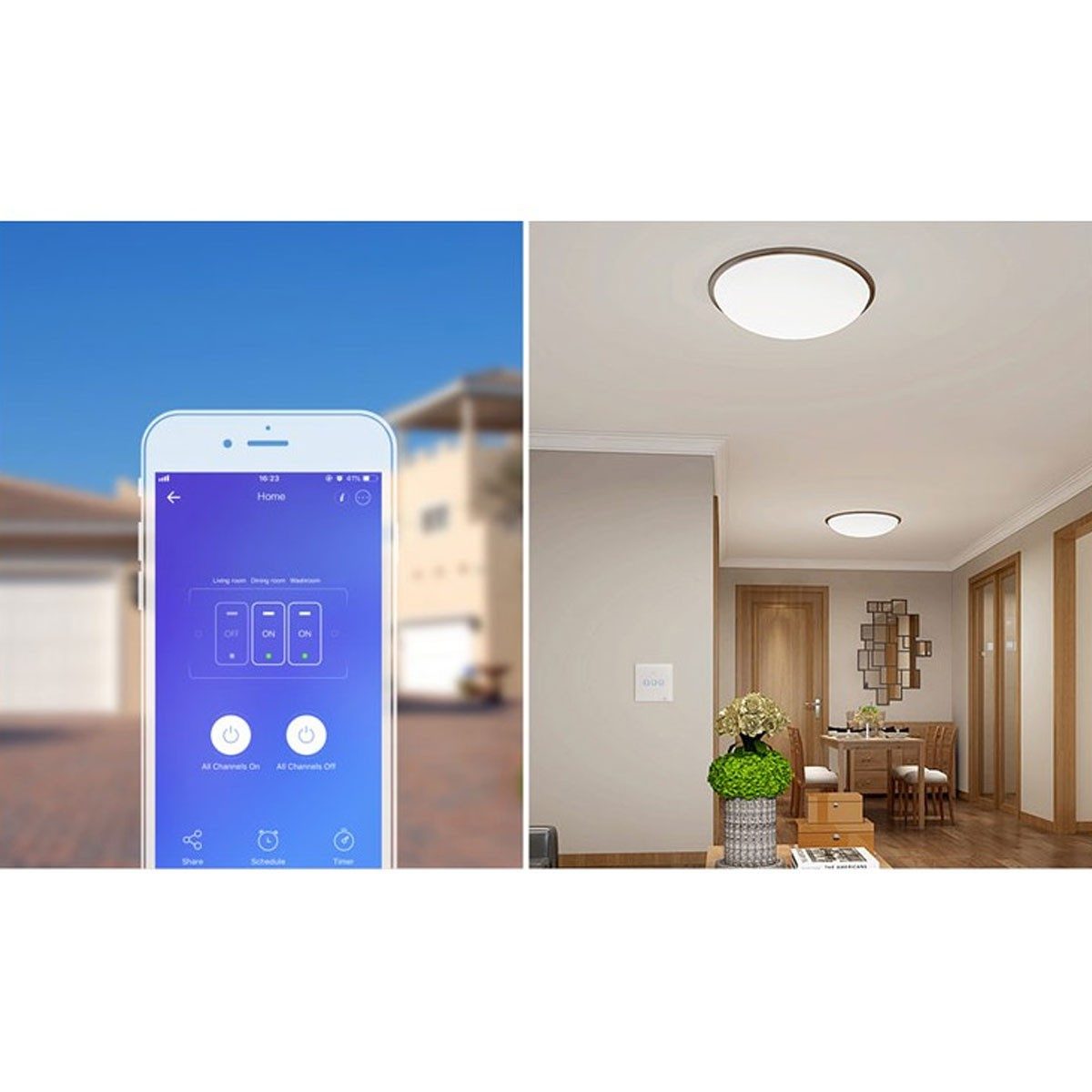 Uno smartphone che mostra un'app per la casa intelligente, con due plafoniere e una casa.