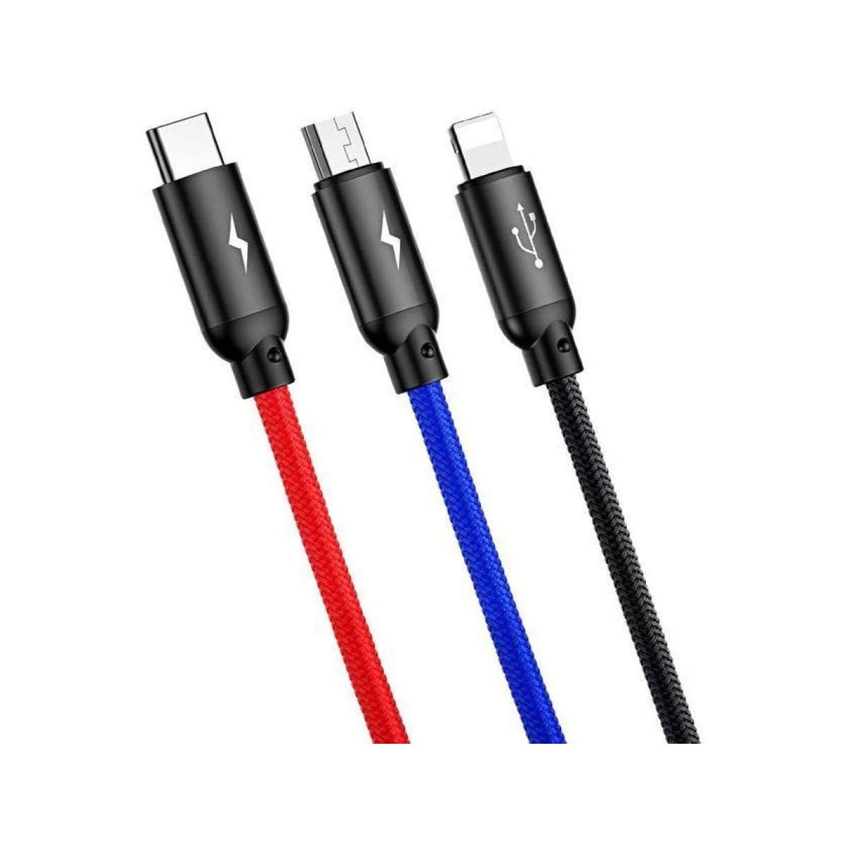 Three USB cables with different connectors and colored cords: red, blue, and black.