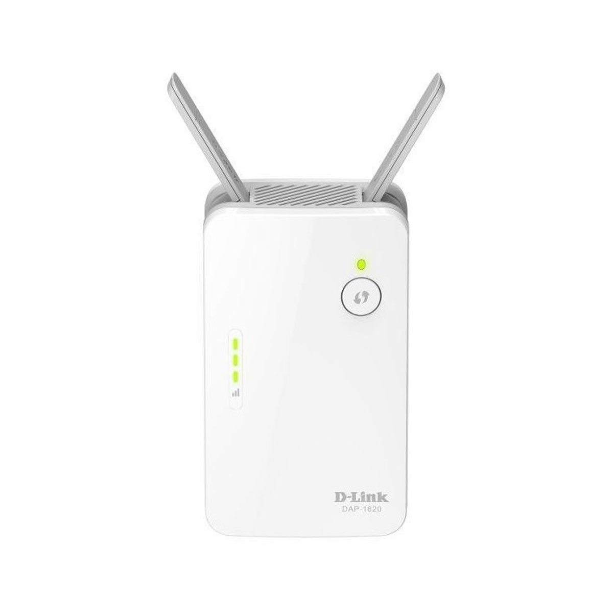 Biały wzmacniacz Wi-Fi D-Link DAP-1620 z antenami w górze i zielonymi diodami zasilania.