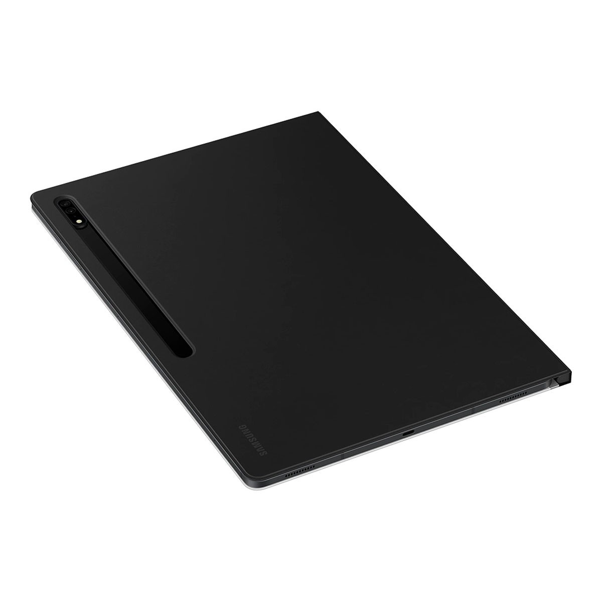 Un tablet nero con uno stilo in uno slot. Lo schermo non è visibile.