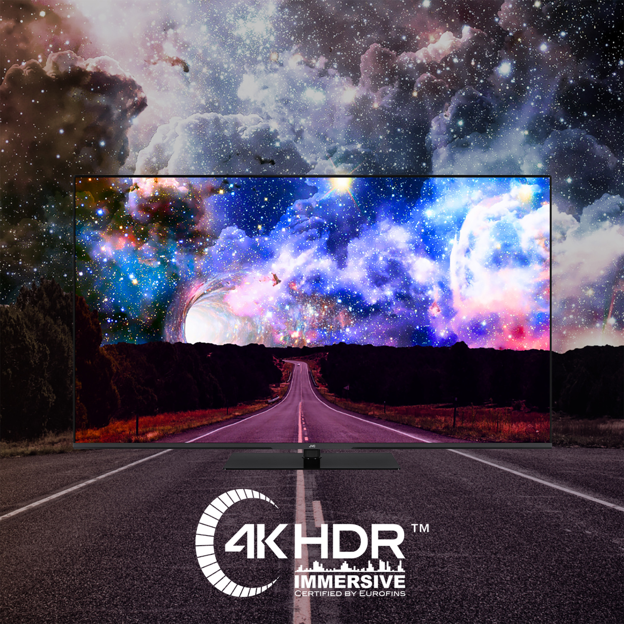 Ekran TV pokazujący drogę do kosmosu, logo 4K HDR.