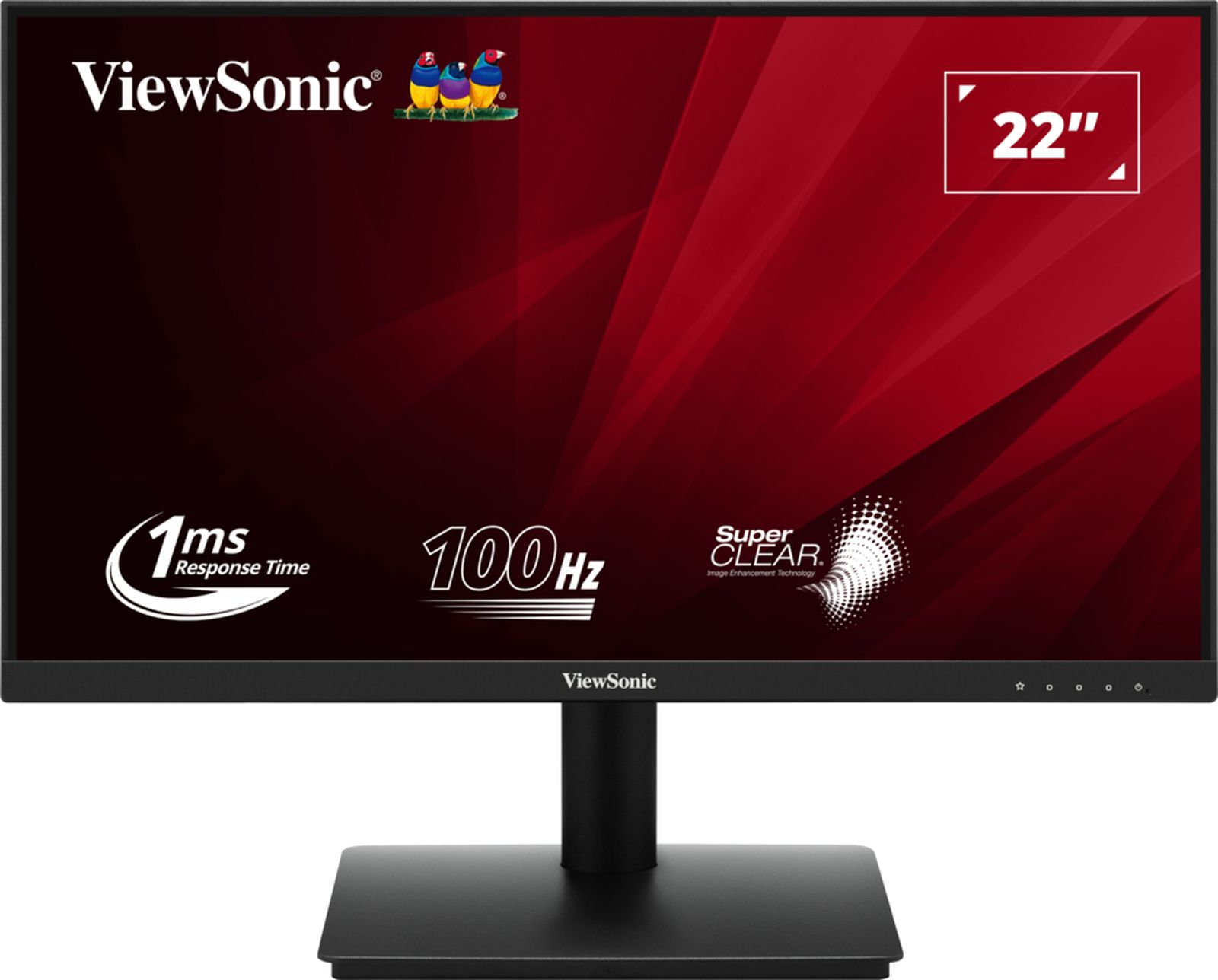 22-calowy monitor ViewSonic z czarną ramką, wyświetlający czerwone tło z grafiką.