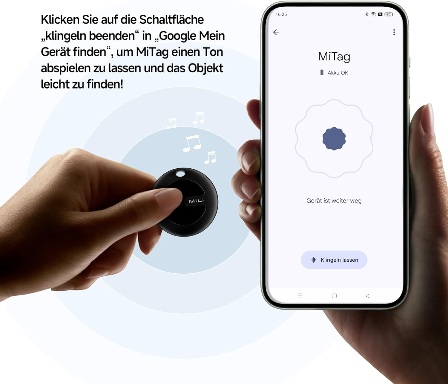 Eine Person hält ein schwarzes MiTag-Gerät neben einem Telefon, das eine Karte und den Gerätestatus anzeigt.