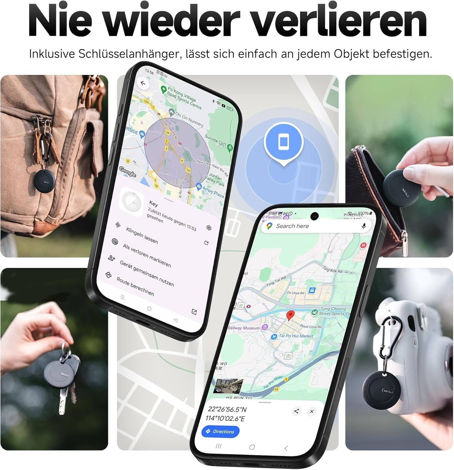 Mehrere Bilder zeigen einen schwarzen Tracker, der an Schlüsseln, Taschen und einem Telefon mit Karte befestigt ist.