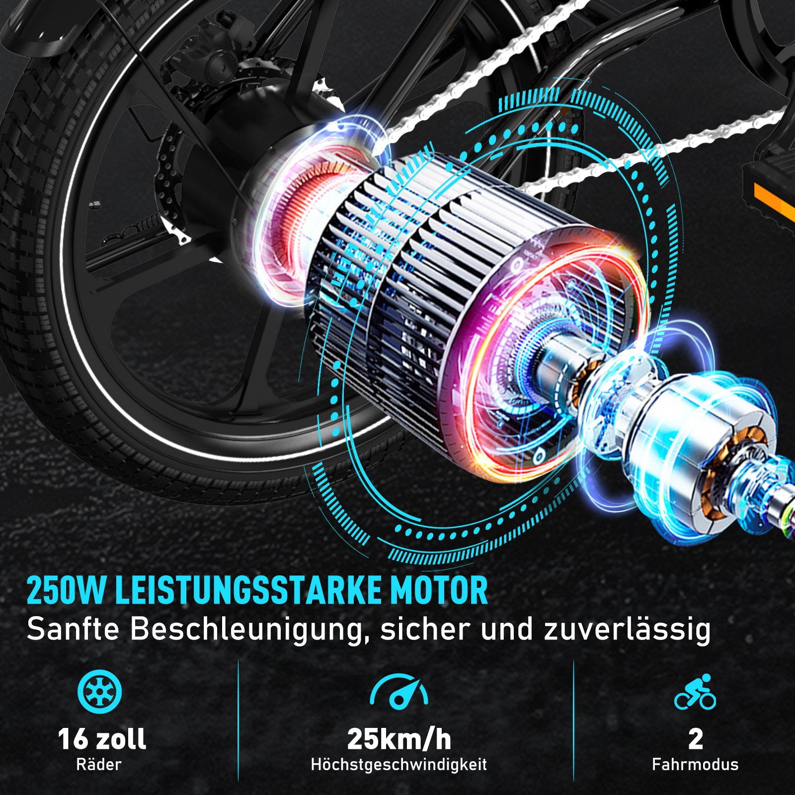 Nahaufnahme von E-Bike-Teilen: Motor, Räder, Geschwindigkeit und Modusinformationen.