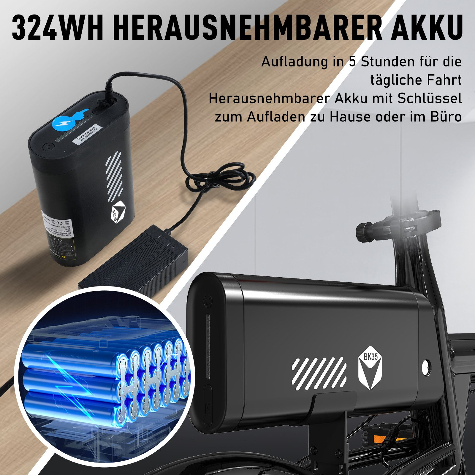 Ein E-Bike-Akku wird geladen. Text auf Deutsch beschreibt Ladezeit und abnehmbare Funktionen. Nahaufnahme der Zellen.