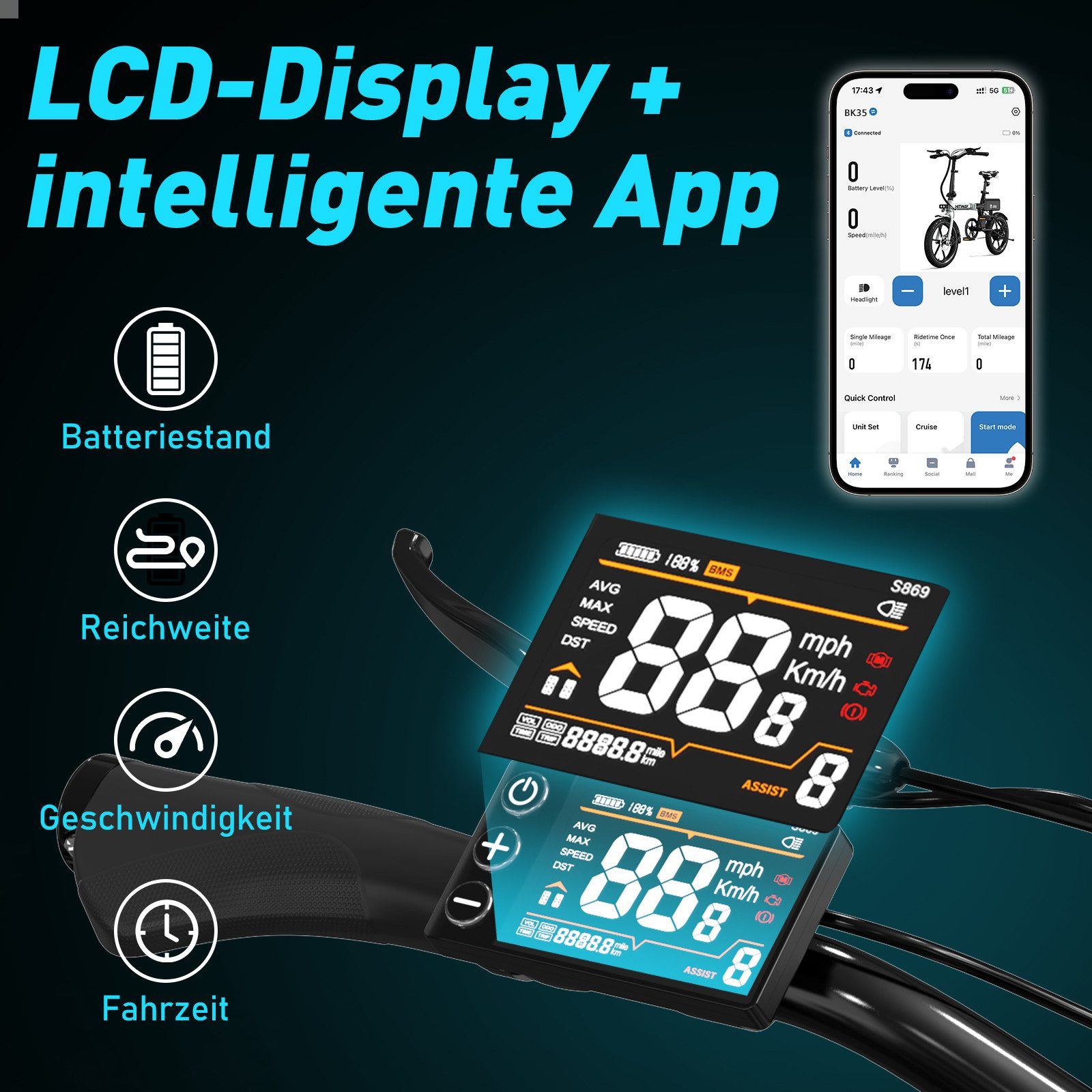 E-Bike-Display mit Akkustand, Geschwindigkeit und anderen Informationen. Smartphone-App-Oberfläche.