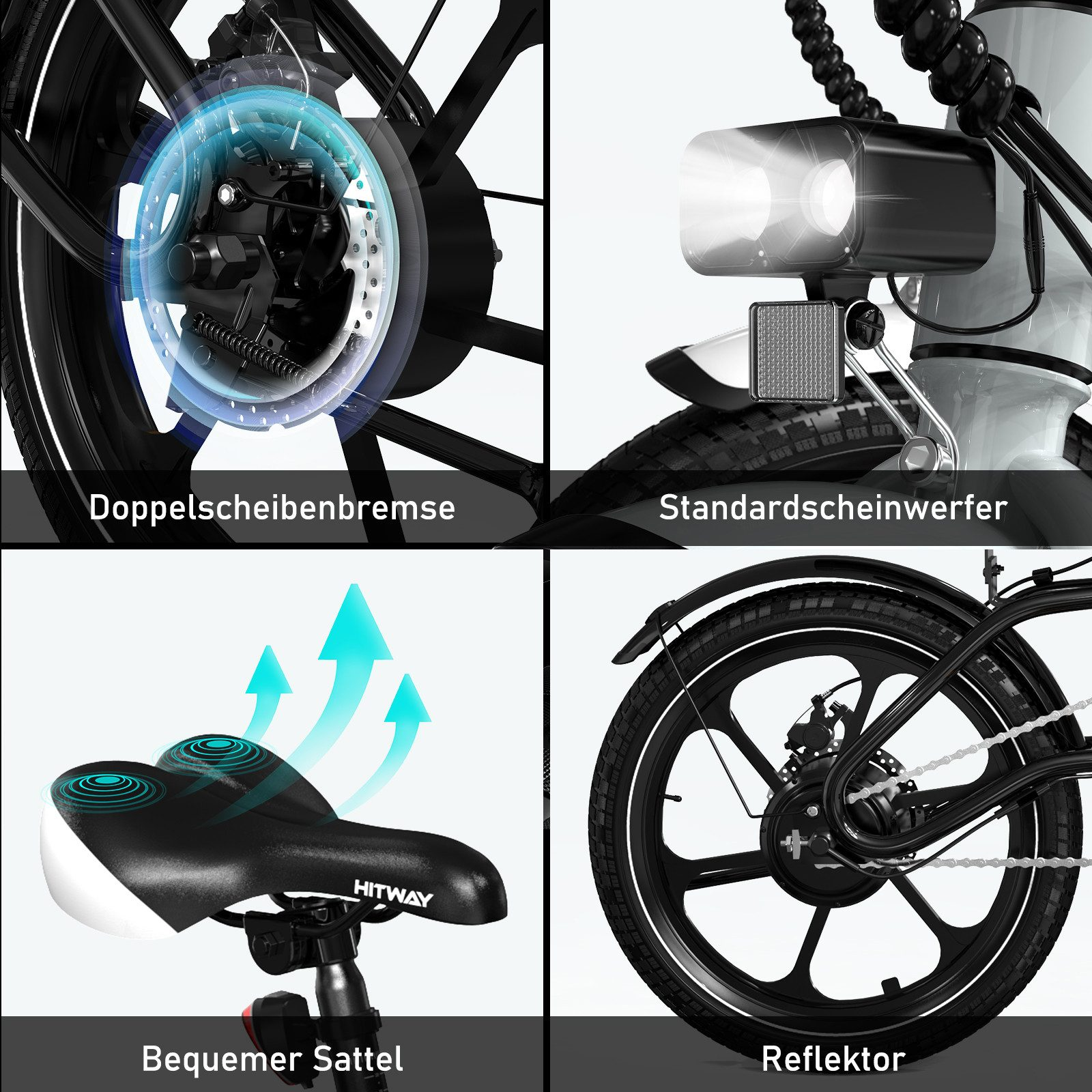 Nahaufnahme von E-Bike-Komponenten: Scheibenbremsen, Scheinwerfer, bequemer Sitz und Reflektor.