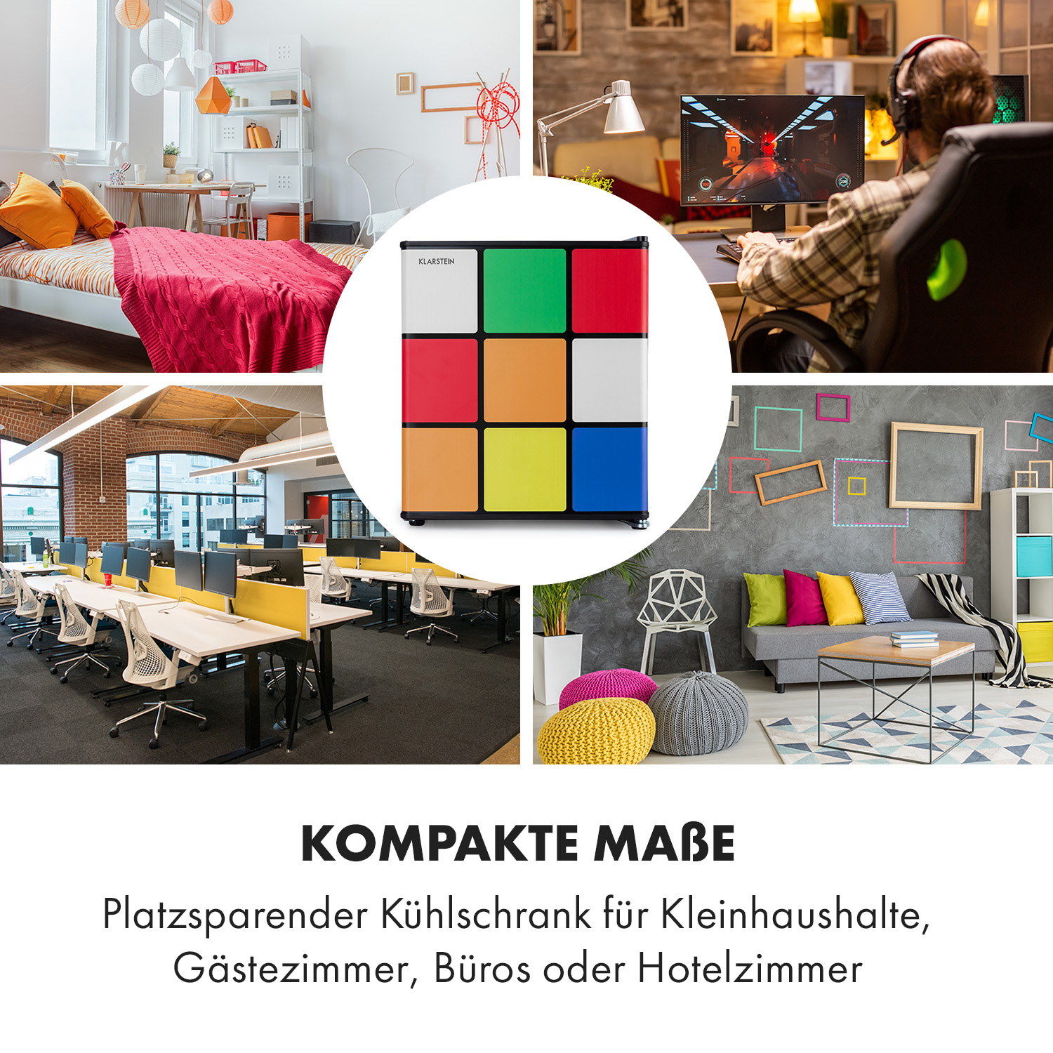 Mehrere Szenen mit einem farbenfrohen Kühlschrank. Schlafzimmer, Büro, Gaming-Setup und mehr.