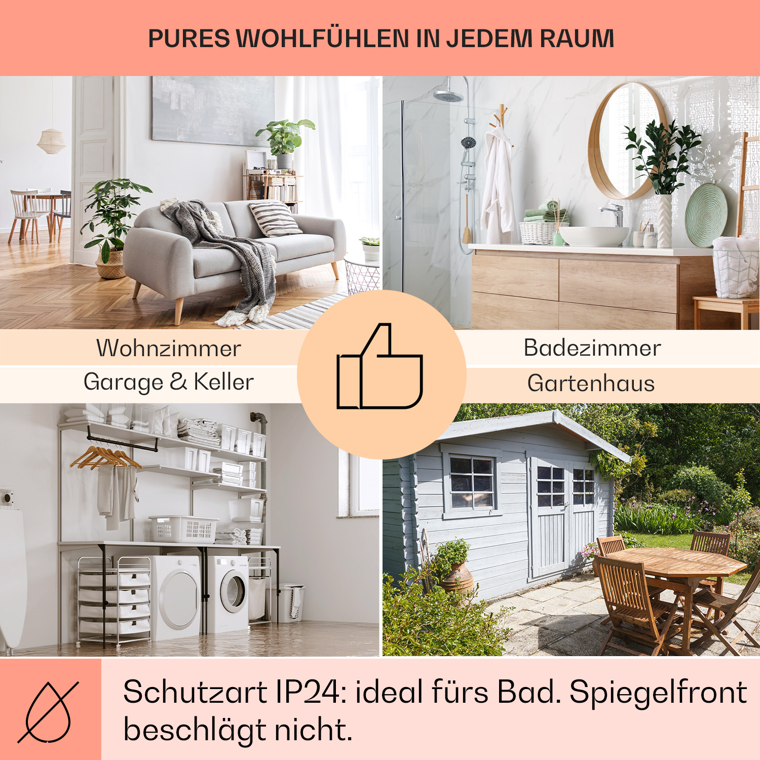 Collage von Innenräumen. Wohnzimmer, Badezimmer, Waschküche und Gartenhaus.