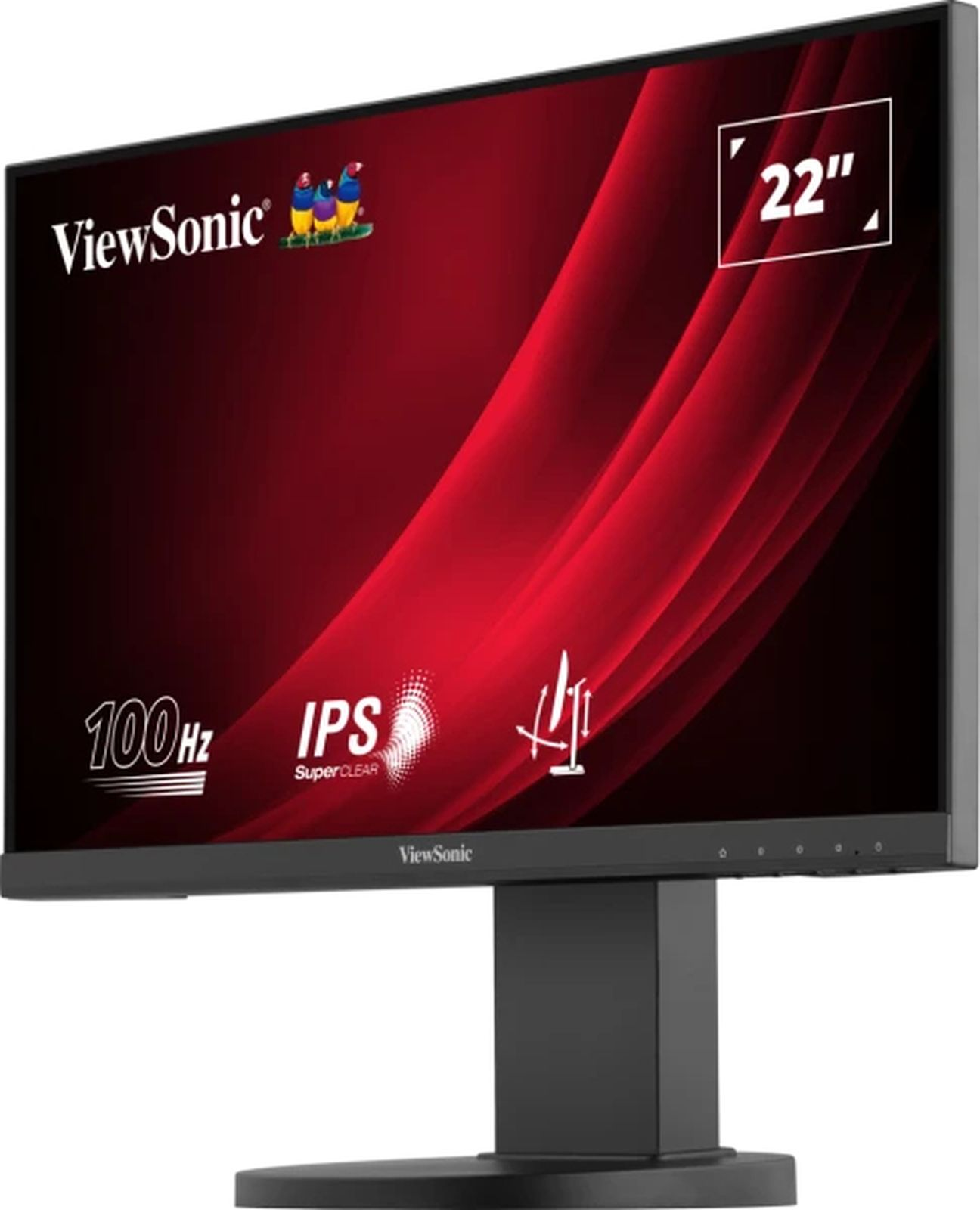 Czarny monitor ViewSonic z czerwono-czarnym tłem gradientowym. Posiada rozmiar 22".