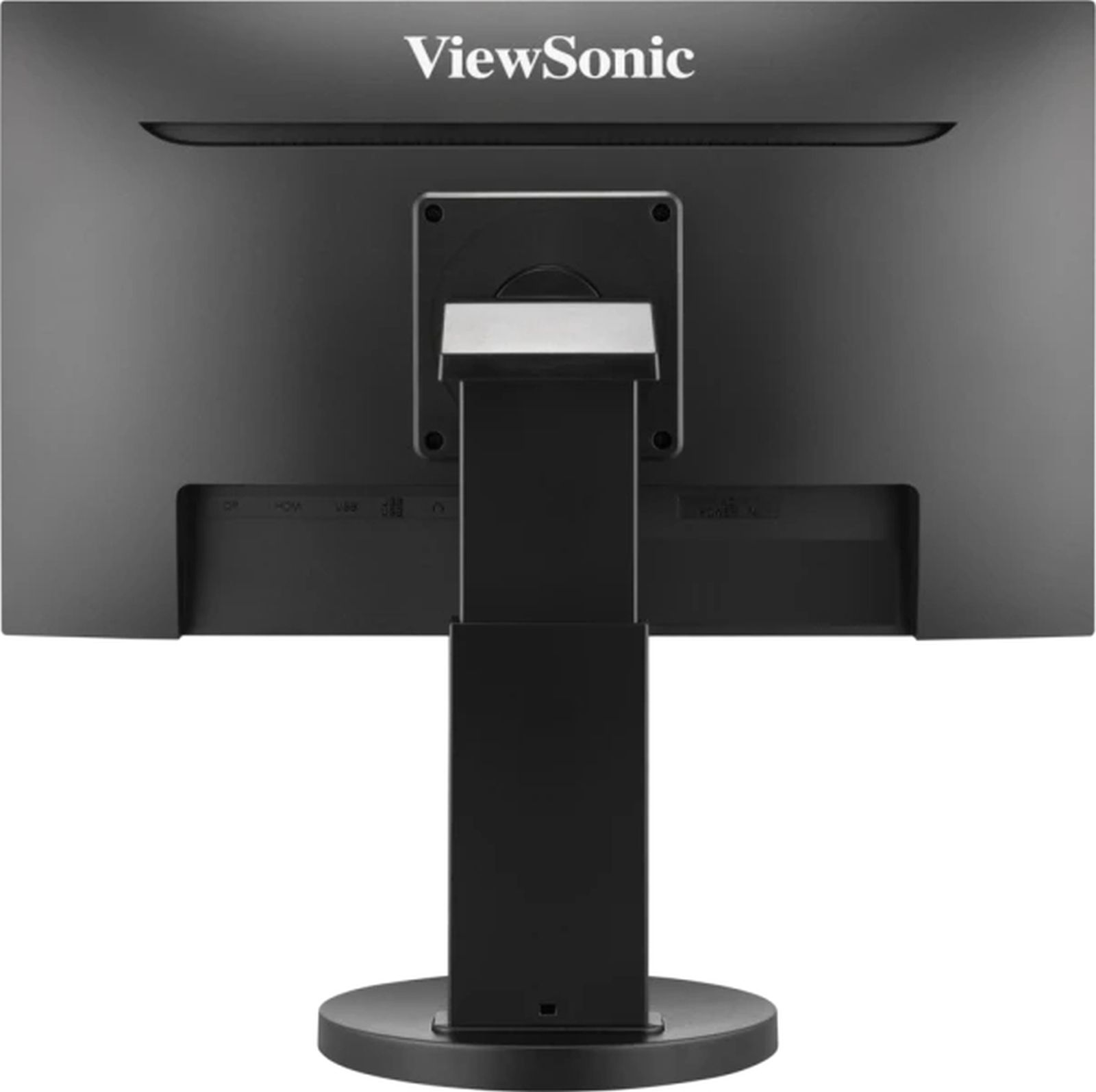 Tył czarnego monitora ViewSonic. Posiada porty połączeniowe i logo ViewSonic u góry.