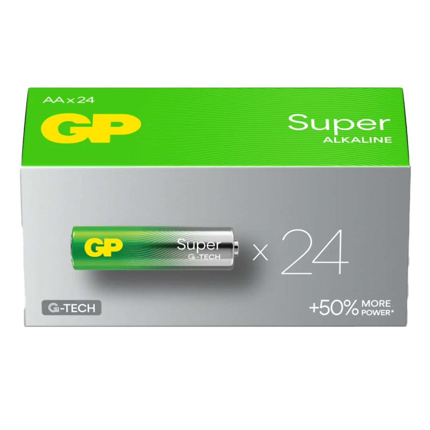 Opakowanie 24 baterii AA GP Super Alkaline, zielony i srebrny design.