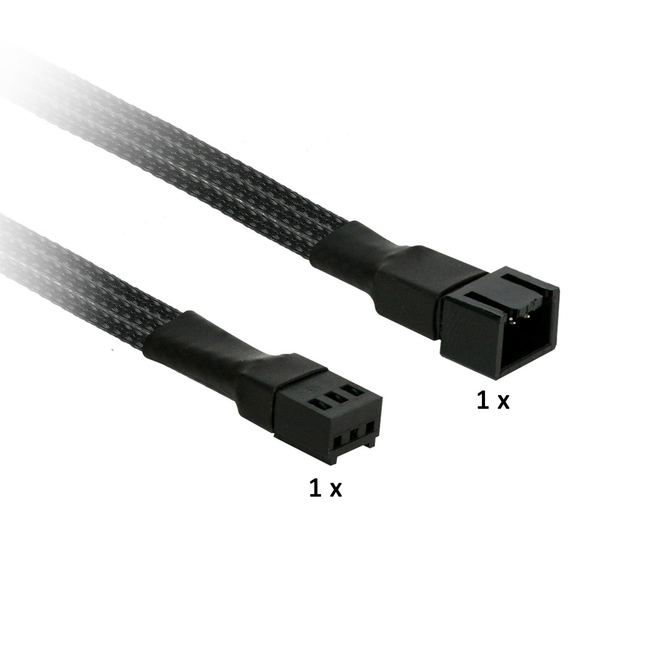 Due cavi di prolunga per ventole neri a 3 pin, connettori 1x e 1x mostrati.