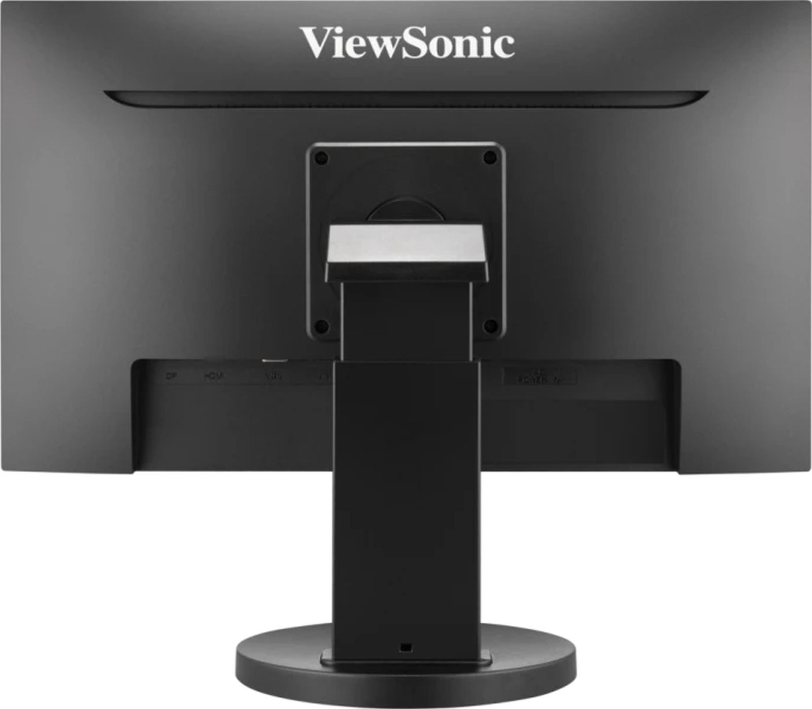 Rückseite eines schwarzen ViewSonic-Monitors mit Anschlüssen und Ständer.