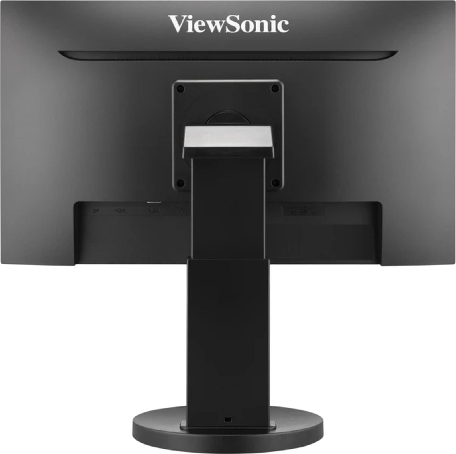 Rückseite eines schwarzen ViewSonic-Monitors mit Anschlüssen und Ständer.