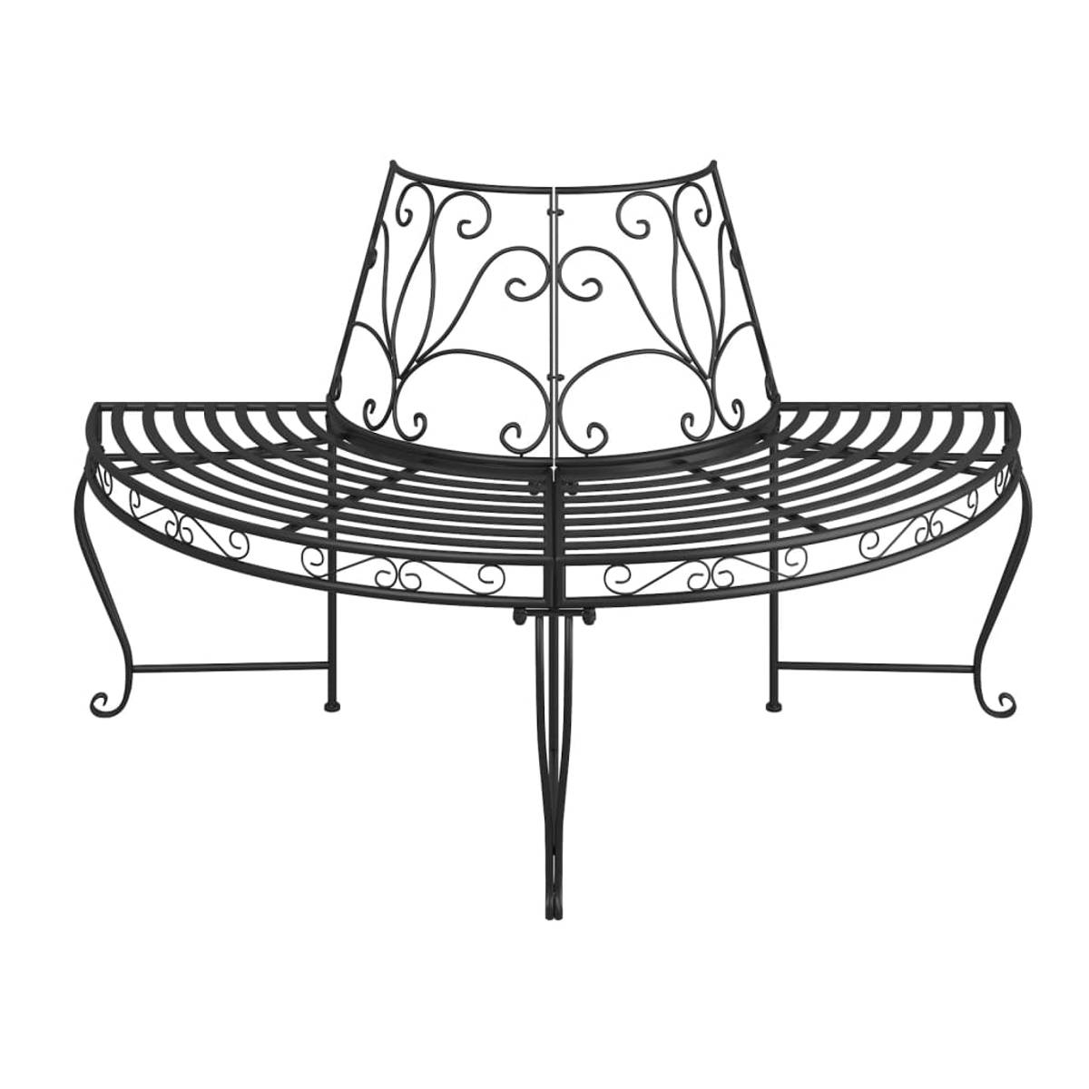 Schwarze Metallbank mit gebogener Sitzfläche und Rückenlehne. Verziertes Design mit geschwungenen Beinen.
