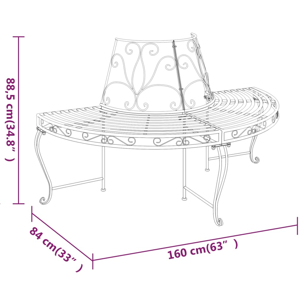 Metall-Baumbank mit dekorativen Wirbeln. Gebogener Sitz. Abmessungen gezeigt. 84 cm breit, 160 cm lang, 88,5 cm hoch.